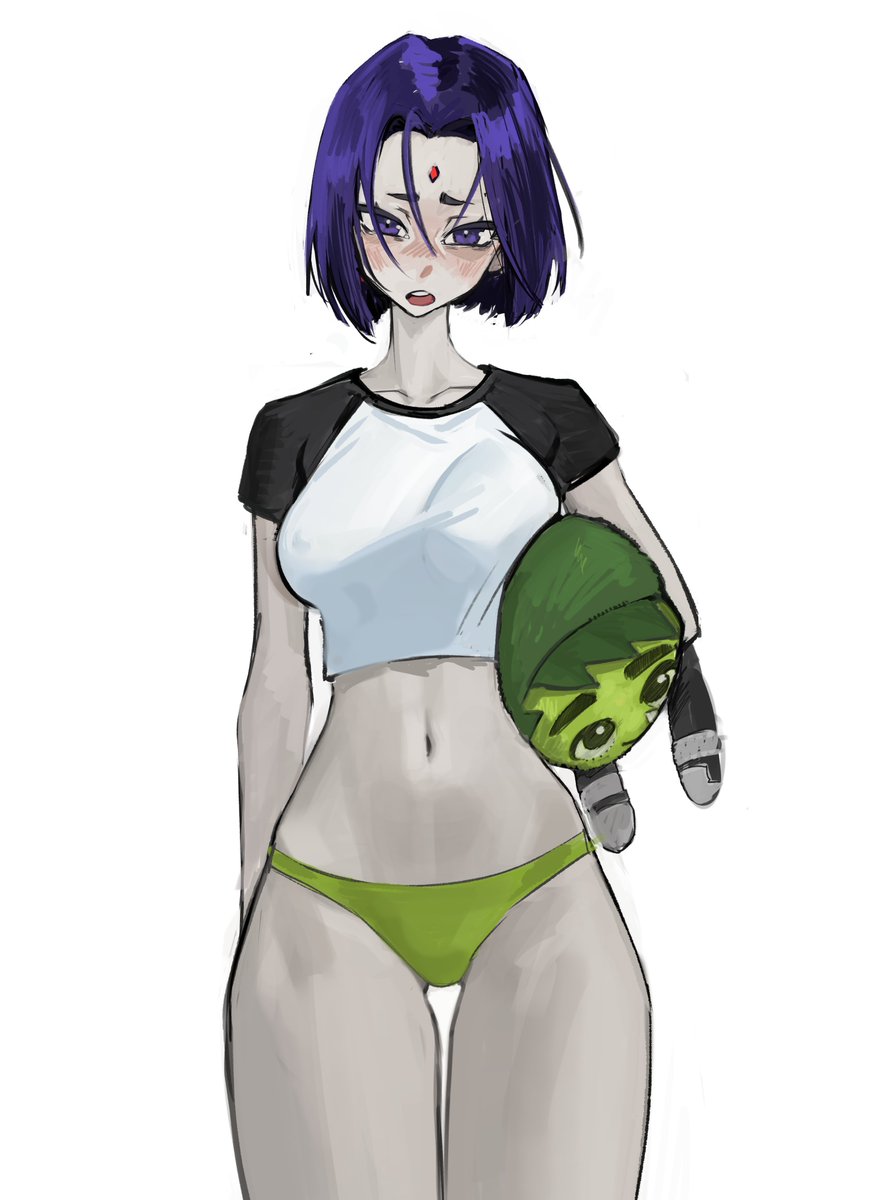 1girls, beast boy, beautiful, belly button, blush, breasts, breasts visible through clothing, clothed, collarbone, crop top, cute, dc, dc comics, digital art, digital drawing (artwork), digital media (artwork), eyelashes, eyeliner, female, goth, goth girl, green panties, highres, holding object, makeup, nipples visible through clothing, no bra, no nudity, open mouth, pale skin, panties, plushie, purple eyes, purple hair, raven (dc), red jewel, sexy, short hair, slim, slim waist, stuffed toy, t-shirt, teen titans, tefiblum, thigh gap, thin, thin female, white skin, young, young female