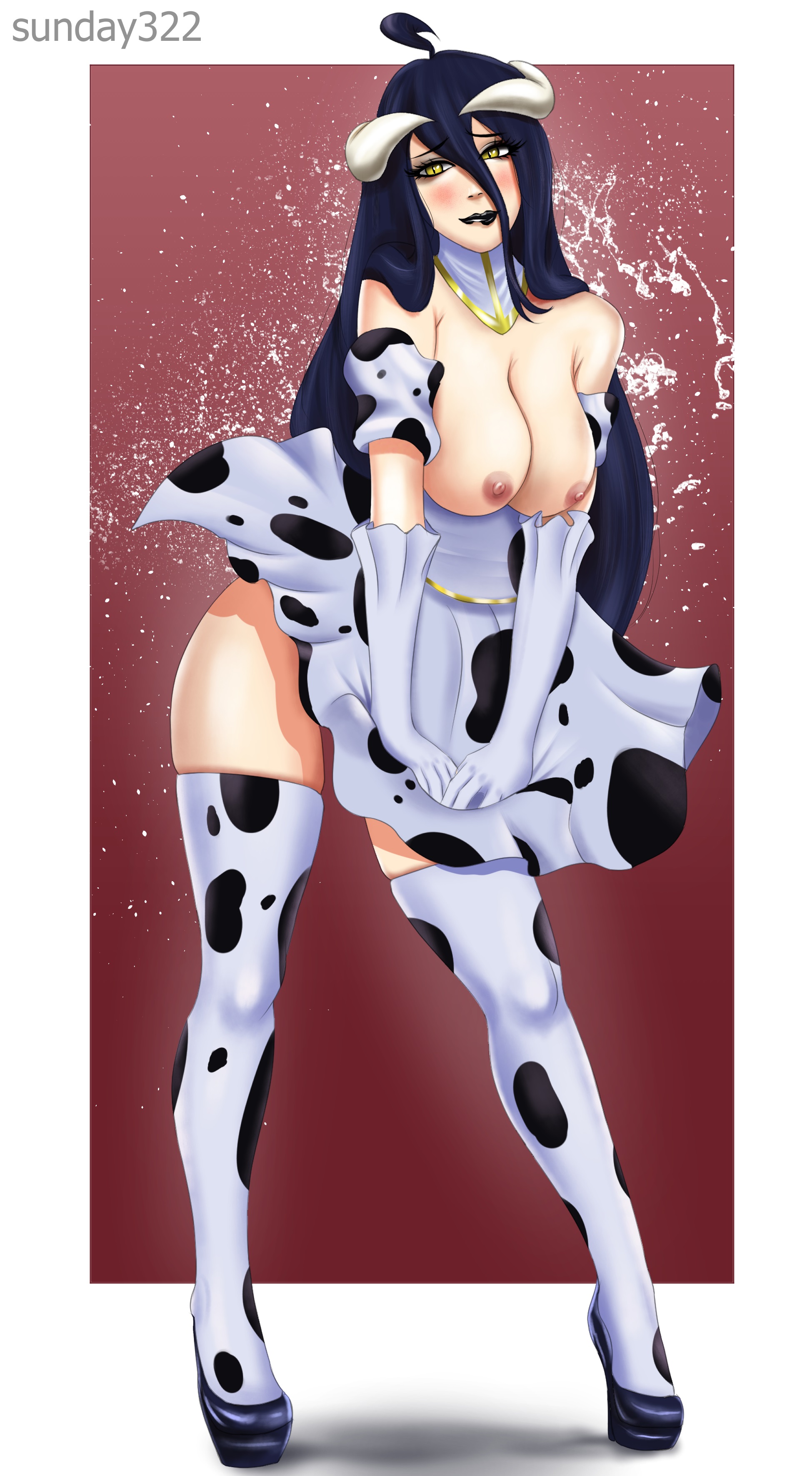 albedo (overlord), big breasts, black hair, blush, breasts, cow print, demon, demon girl, female, gloves, high heels, horns, long hair, overlord (maruyama), skirt, solo, solo female, solo focus, stockings, succubus, sunday322, tagme, thighhighs, very long hair, yellow eyes