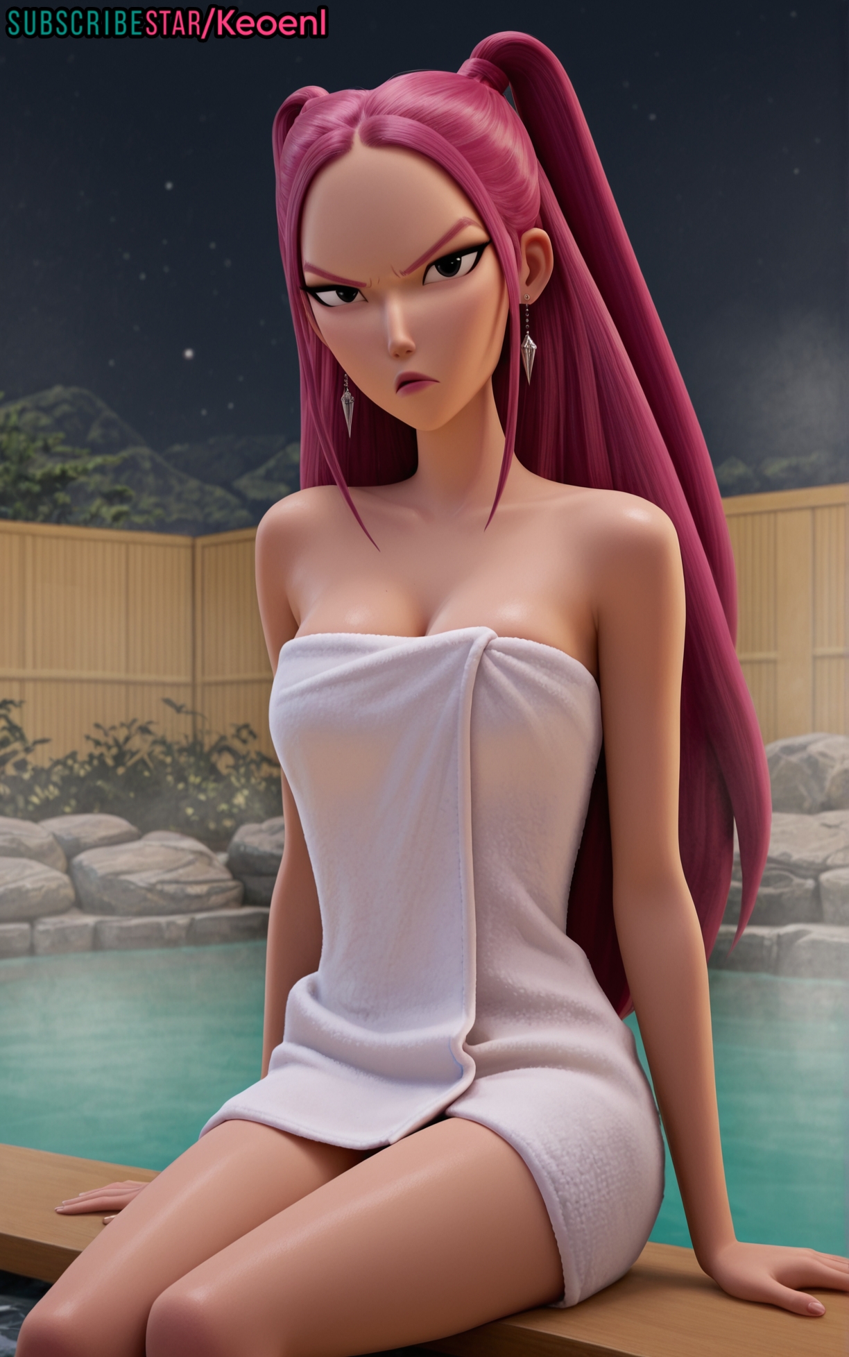 1girls, accurate art style, ai generated, angry, angry face, annoyed, ass, big breasts, black eyes, blush, breasts, cleavage, earrings, eyeshadow, female, female only, half-closed eyes, hard nipples, hi res, high ponytail, hot spring, huge breasts, keoenl, kpop demon hunters, legs, light skin, long hair, looking at viewer, makeup, mira (kpop demon hunters), netflix, onsen, open legs, pink hair, ponytail, posing, sexy, sitting, small butt, solo, steam, subscribestar, tall female, taller female, thick thighs, thin waist, towel, towel only, twintails, very long hair, waiting, water, wide hips