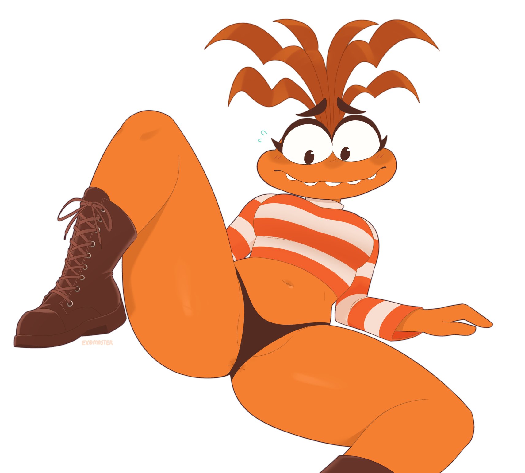 1girls, 2025, 2d, 2d (artwork), 2d artwork, anxiety (inside out), blush, blushing female, blushing profusely, breasts, digital art, digital drawing (artwork), digital media (artwork), disney, exqmaster, female, inside out, inside out 2, orange skin, pixar, solo, spread legs, spreading, spreading legs, sweater, thighs, thong