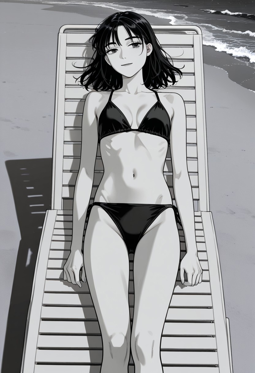 ai_generated beach black_bikini female flexing initial_d light_smile looking_at_viewer manga_style monochrome ocean omi_tsugumi sitting skinny slim_body slim_waist