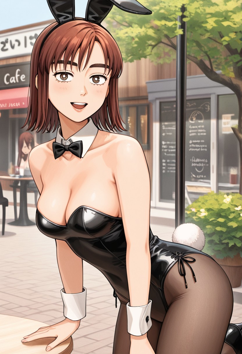 ai_generated black_heels black_leotard bowtie bunny_ears bunny_girl bunny_tail cafe cleavage collarbone cowboy_shot female happy initial_d kyoko_iwase light_smile medium_breasts outdoors sexy_pose thick_eyebrows wrist_cuffs