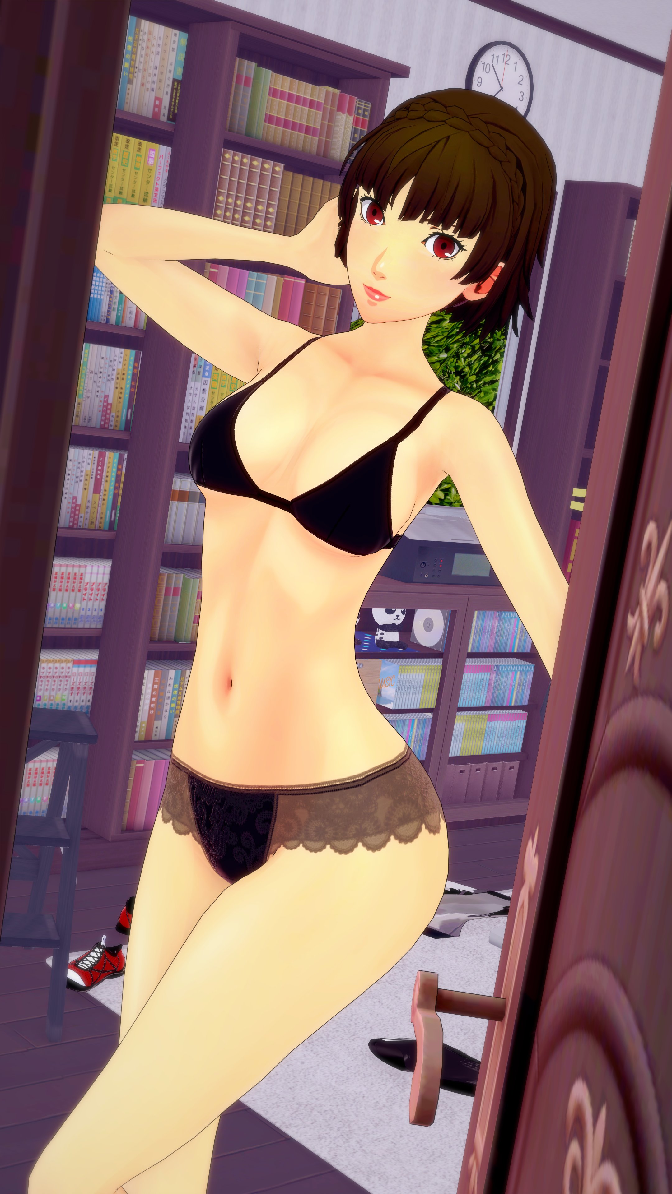 3d, accurate art style, belly button, black legwear, black lingerie, bra, breasts, brown hair, child bearing hips, evaan, female, light skin, light-skinned female, lingerie, lingerie only, makoto niijima, medium breasts, medium hair, official style, pale skin, pale-skinned female, panties, persona, persona 5, posing, posing for the viewer, red eyes, shepirotcloud, skinny, slim, slim waist, tagme, teenager, thick thighs, wide hips
