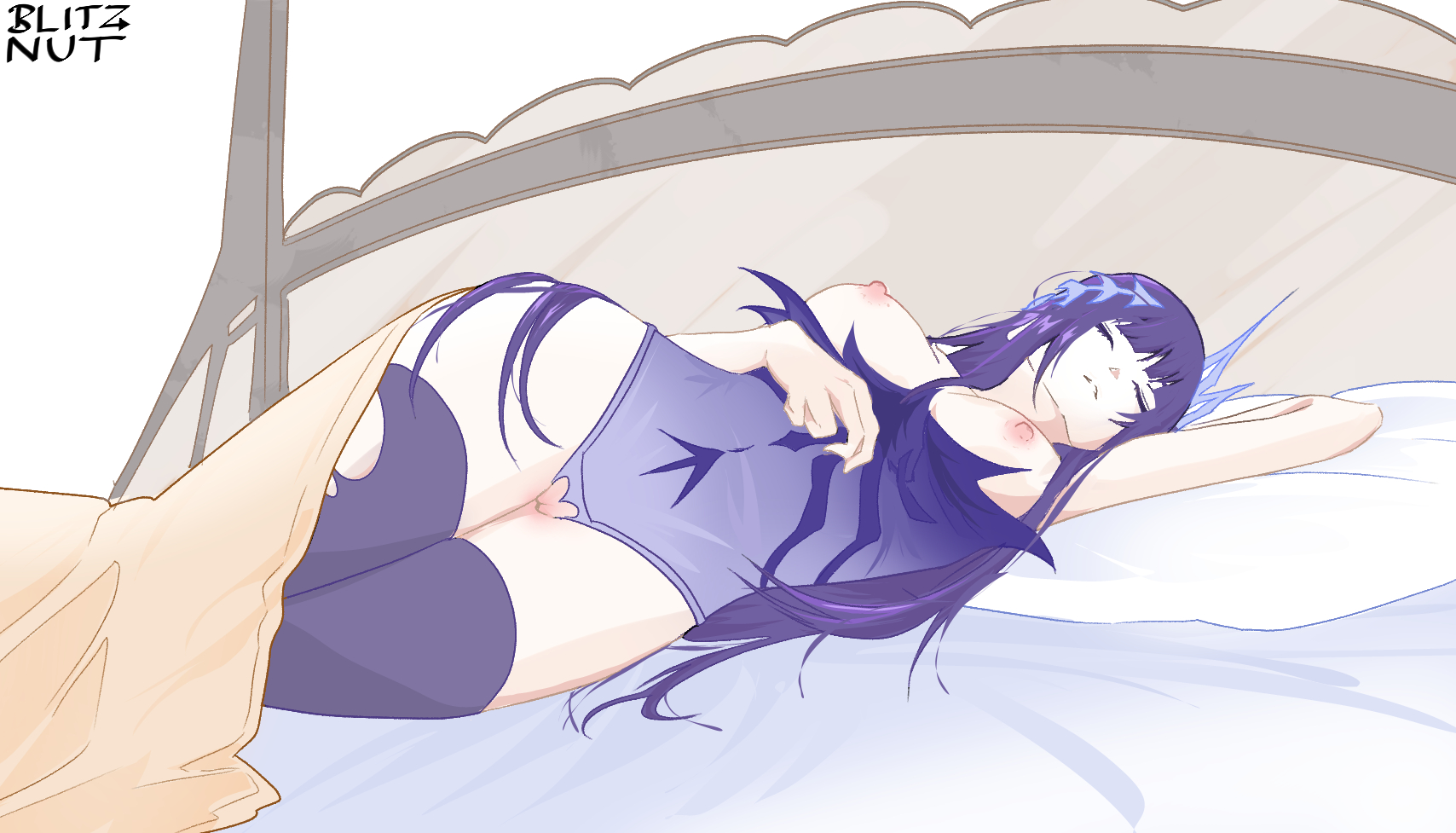 1girls, after sex, bed, bedroom, bedsheets, blitznut, breasts, breasts out, closed eyes, female, first porn of character, hair ornament, honkai: star rail, hysilens (honkai: star rail), laying on bed, laying on side, messy hair, nipples, pillow, purple hair, sleeping, tights, torn pantyhose, wide hips