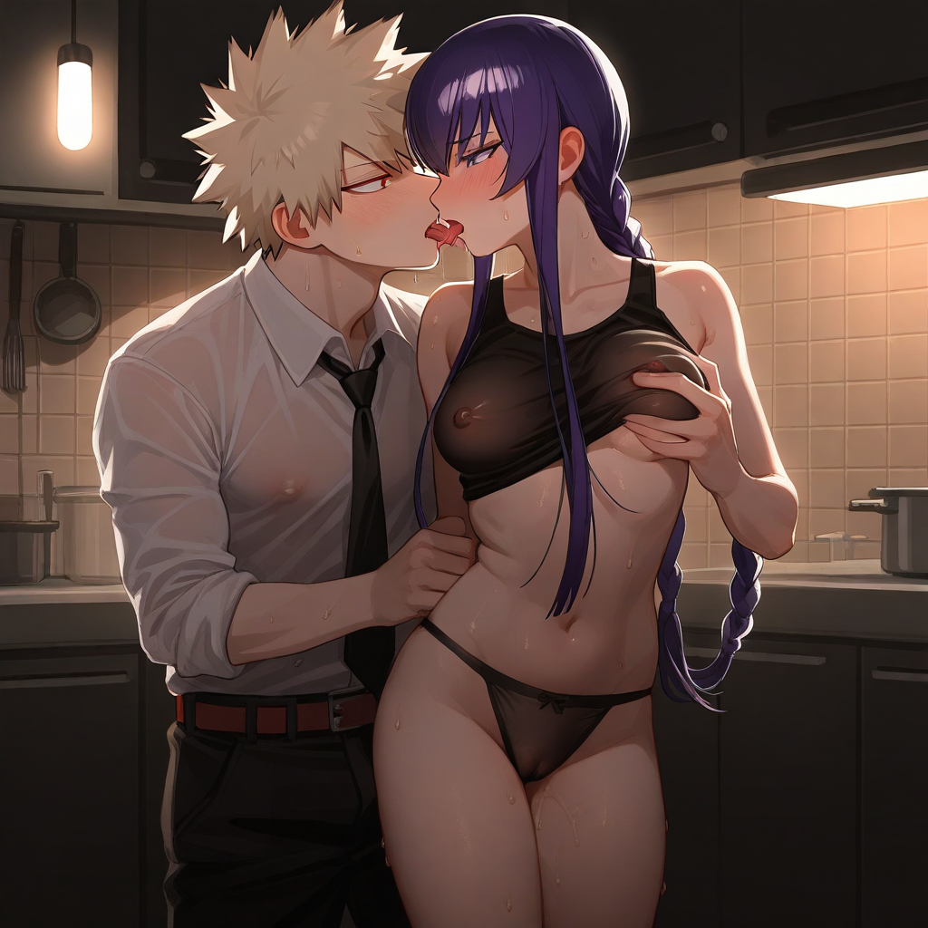 1girls ai_generated apron blue_hair boku_no_hero_academia crossover highschool_of_the_dead katsuki_bakugou kitchen my_hero_academia saeko_busujima