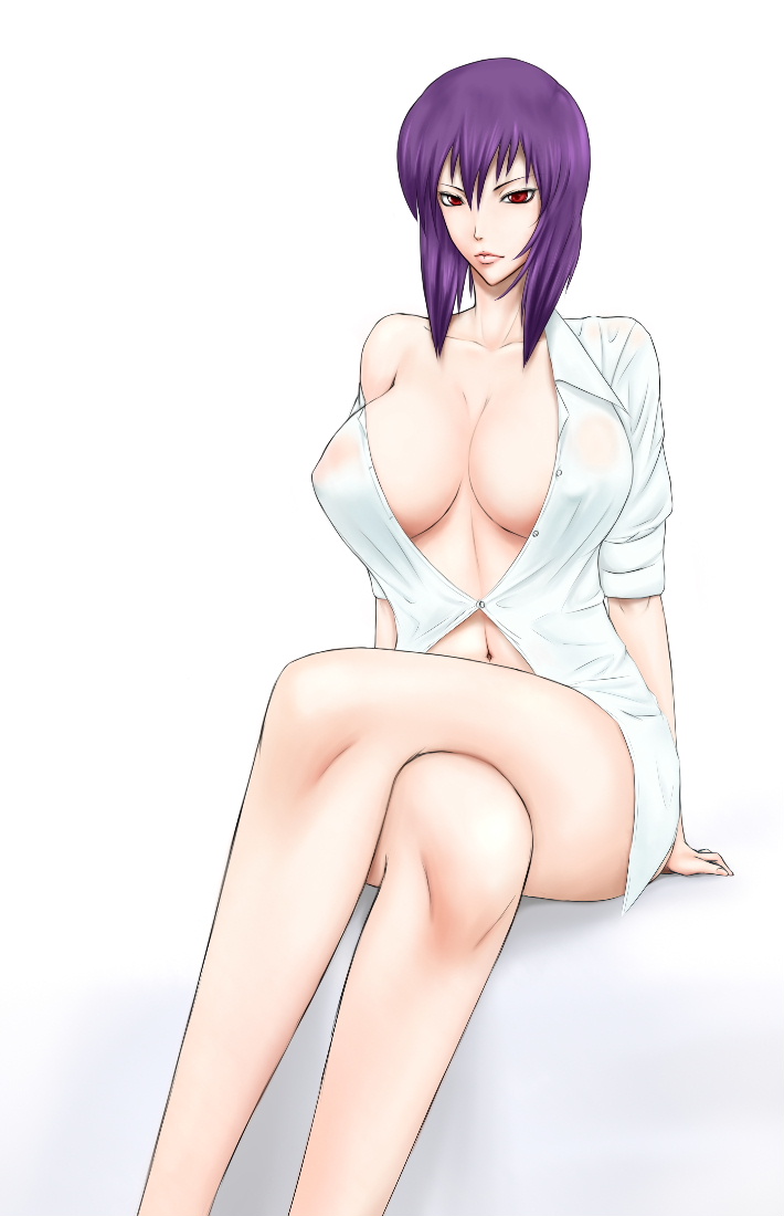 1girls breasts cleavage crossed_legs cyborg erect_nipples female female_only ghost_in_the_shell hair kusanagi_motoko large_breasts legs legs_crossed libre light-skinned_female light_skin naked_shirt navel purple_hair red_eyes short_hair sitting solo thighs wet wet_clothes white_background