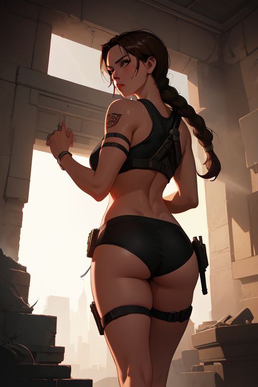 1female ai ai_generated ass ass_focus big_ass brown_eyes brown_hair brown_hair brunette_hair female female female_focus female_human female_only girl human human_only lara_croft lara_croft_(survivor) pony_tail ponytail ruins short_shorts tank_top tatoos tomb_raider tomb_raider_(survivor)