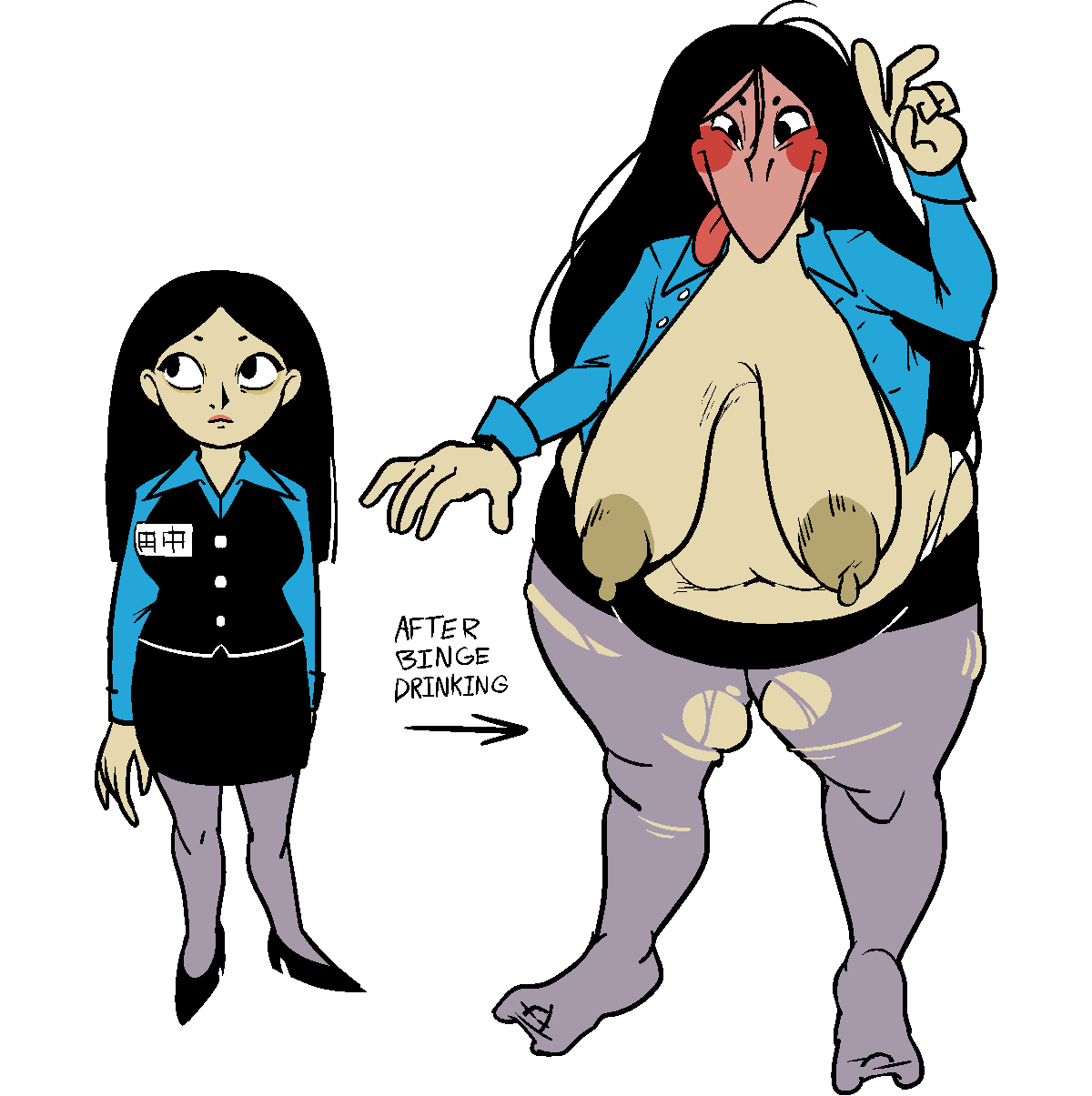 barbequechicken bbw beak breasts button_down_shirt drunk female haradashi japanese_mythology long_hair open_shirt overweight_female panties pantyhose puffy_nipples sagging_breasts size_difference skirt tongue_out torn_clothes transformation webbed_feet youkai