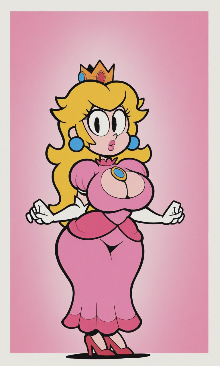 ai_generated black_eyes blonde_female blonde_hair blue_earrings busty crown curvy dress earring elbow_gloves gloves heels large_breasts large_thighs looking_at_viewer mario_(series) pearl_earrings pink_background pink_dress pink_heels pink_lipstick pixai princess princess_peach simple_background