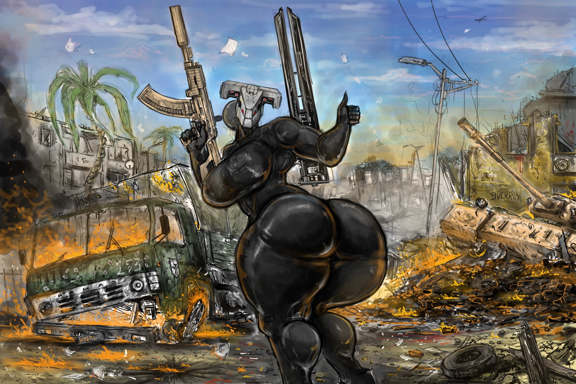 1girls, 2d, 2d (artwork), absurd res, anthro, ass, ass focus, big ass, big breasts, bigger female, breasts, claws, female, height difference, highres, huge ass, huge breasts, larger female, latex, latex suit, machine, mecha, mecha focus, mecha girl, metal gear, metal gear solid, nikolai , robot, sahelanthropus, sharp teeth, size difference, solo, thick thighs, wide hips