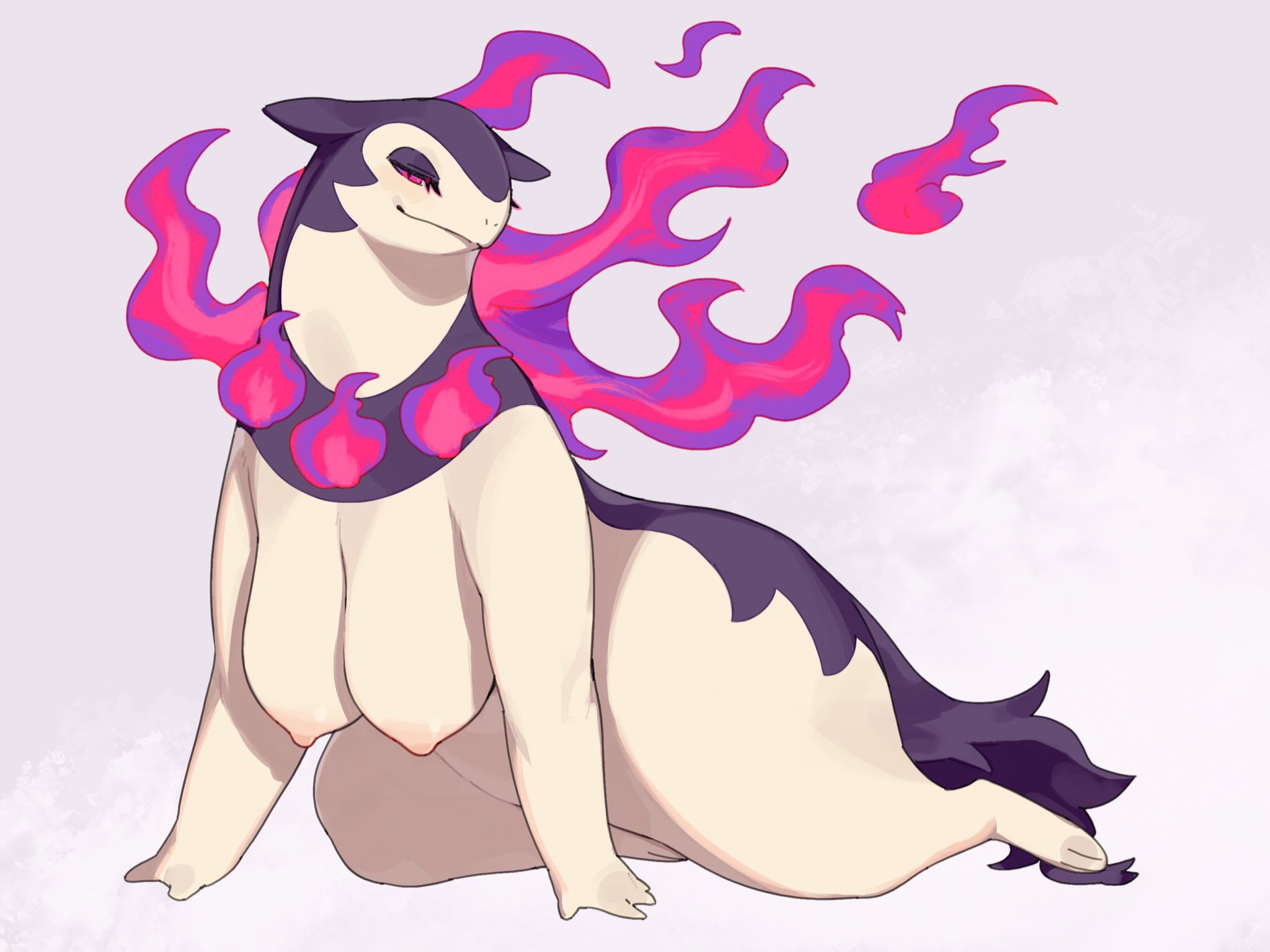 2025, 3 toes, 4 fingers, anthro, areola, big breasts, breasts, digital media (artwork), drawn, feet, female, fingers, fire, front view, full-length portrait, fur, generation 8 pokemon, hanging breasts, hi res, hisuian form, hisuian typhlosion, kame 3, looking at viewer, narrowed eyes, nintendo, nipples, nude, nude anthro, nude female, pink eyes, pokemon, pokemon (species), portrait, purple body, purple fur, regional form (pokemon), simple background, solo, toes