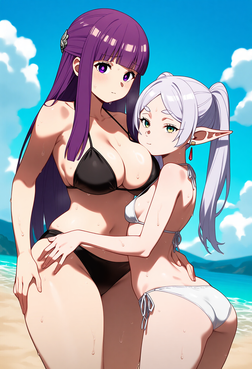 2girls ai_generated beach big_ass big_breasts big_butt bikini blush blushing_female blushing_profusely breasts_to_breasts breasts_touching breath bubble_ass bubble_butt cleavage deep_cleavage dripping duo face_on_breast female female_only fern_(sousou_no_frieren) frieren frieren_beyond_journey's_end hand_on_another's_ass hand_on_thigh head_on_breasts huge_ass huge_breasts image_set large_breasts looking_at_viewer massive_breasts master narrow_waist posing posing_for_the_viewer self_upload sousou_no_frieren student student_and_teacher sweatdrop sweating sweaty sweaty_body sweaty_breasts sweaty_butt thick_nipples thick_thighs wet wide_hips yeetyboi5000 yuri yuri