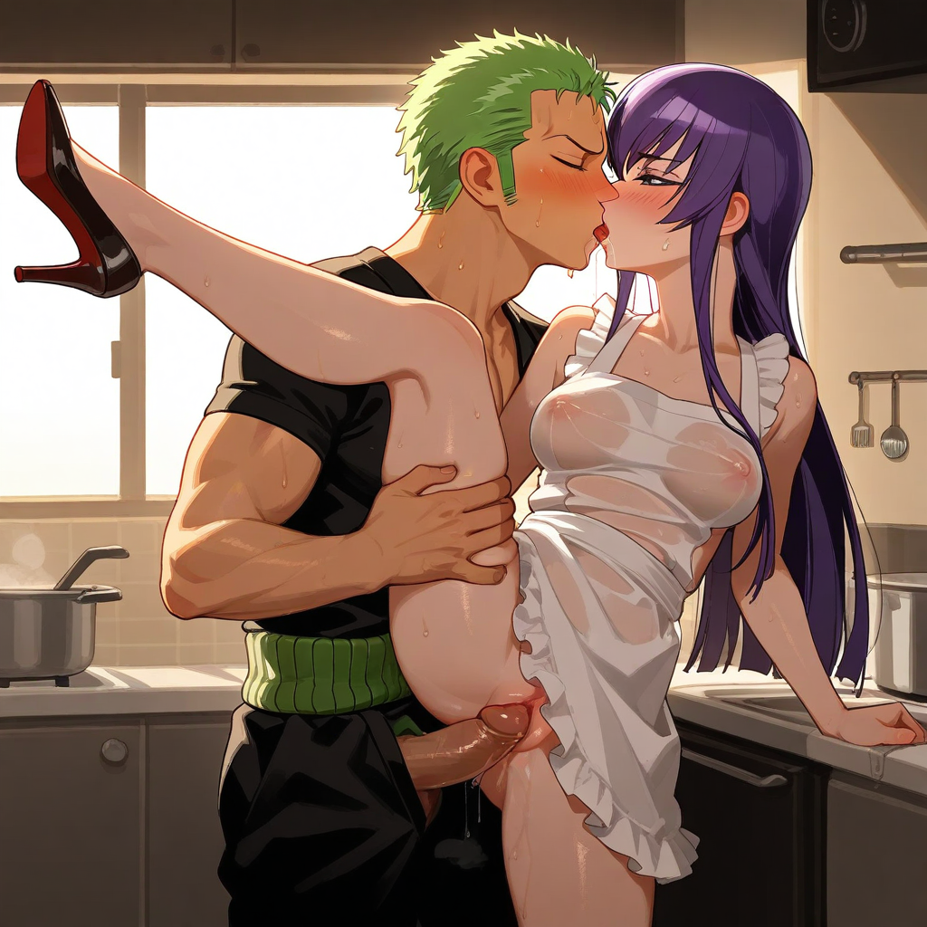 1girl ai_generated apron artist_request blue_hair clothing crossover female highschool_of_the_dead kitchen male one_piece roronoa_zoro saeko_busujima