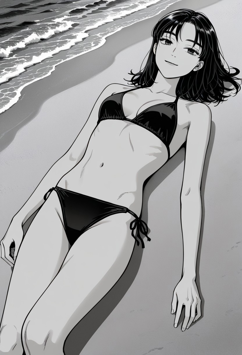 ai_generated beach black_bikini female flexing initial_d light_smile looking_at_viewer manga_style monochrome ocean omi_tsugumi sitting skinny slim_body slim_waist