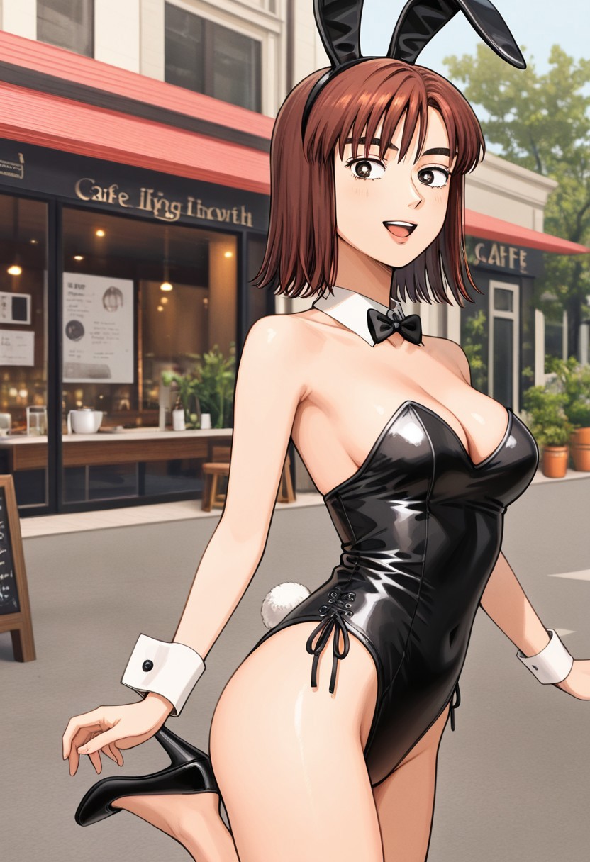 ai_generated black_heels black_leotard bowtie bunny_ears bunny_girl bunny_tail cafe cleavage collarbone cowboy_shot female happy initial_d kyoko_iwase light_smile medium_breasts outdoors sexy_pose thick_eyebrows wrist_cuffs