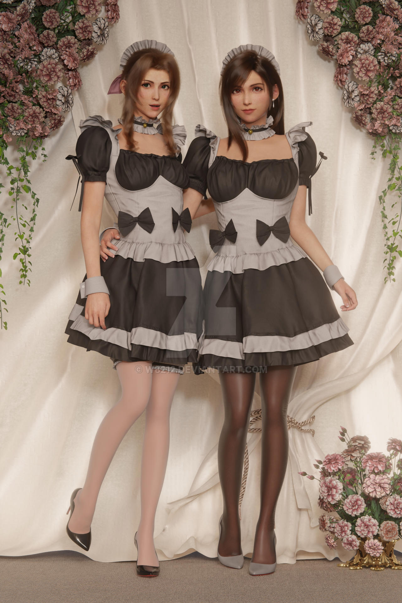 2girls, 3d, 3d model, 3d render, aerith gainsborough, arm around waist, asian, asian female, black hair, black stockings, brown hair, choker, cuffs (clothing), deviantart, deviantart logo, final fantasy, final fantasy vii, final fantasy vii rebirth, final fantasy vii remake, fit, fit female, flowers, green eyes, highres, long hair, maid, maid headdress, maid outfit, maid stockings, maid uniform, posing, posing for the viewer, red eyes, ribbons, stockings, tifa lockhart, w1lson82, watermark, white background, white stockings