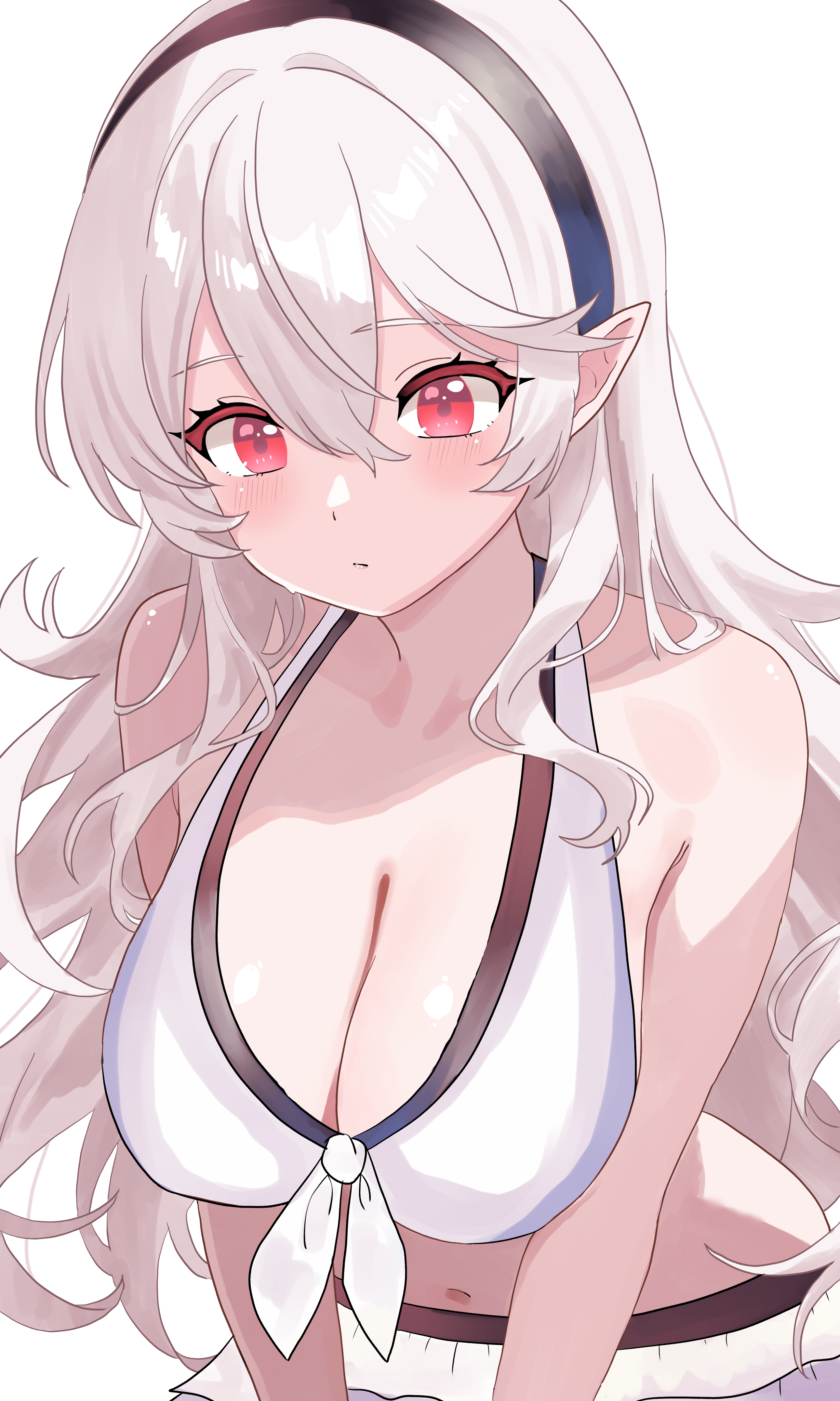 1girls, bikini, breasts, cleavage, corrin (fire emblem), corrin (fire emblem) (female), female, fire emblem, fire emblem fates, fire emblem heroes, grey hair, hairband, large breasts, looking at viewer, n 54, nintendo, pointy ears, red eyes, swimsuit