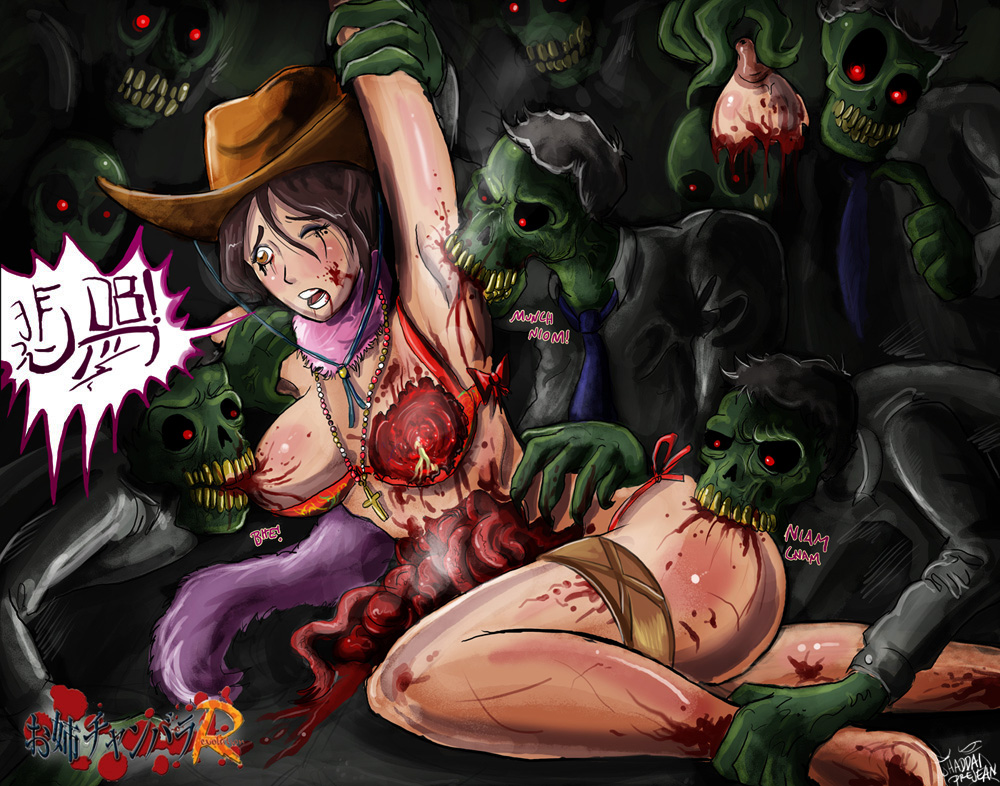 1girls affront_to_nature aya_(oneechanbara) being_held big_breasts bite biting blood breasts brown_hair disembowelment eaten eating female female_focus gore guro guts human intestines oneechanbara shadman zombie