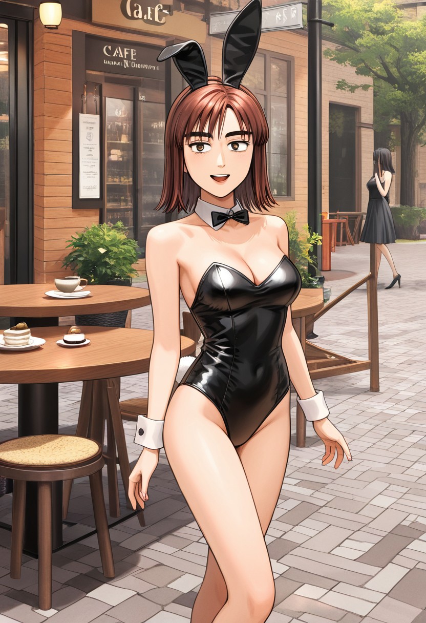 ai_generated black_heels black_leotard bowtie bunny_ears bunny_girl bunny_tail cafe cleavage collarbone cowboy_shot female happy initial_d kyoko_iwase light_smile medium_breasts outdoors sexy_pose thick_eyebrows wrist_cuffs