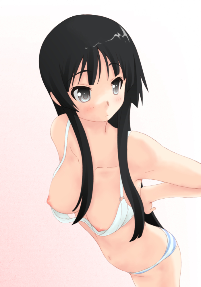 bare_shoulders black_eyes black_hair blush bra breasts female female_only hands_on_hips human human_only k-on! kesuida lingerie long_hair mio_akiyama_(k-on!) navel nipple_slip nipples panties solo striped striped_panties underwear