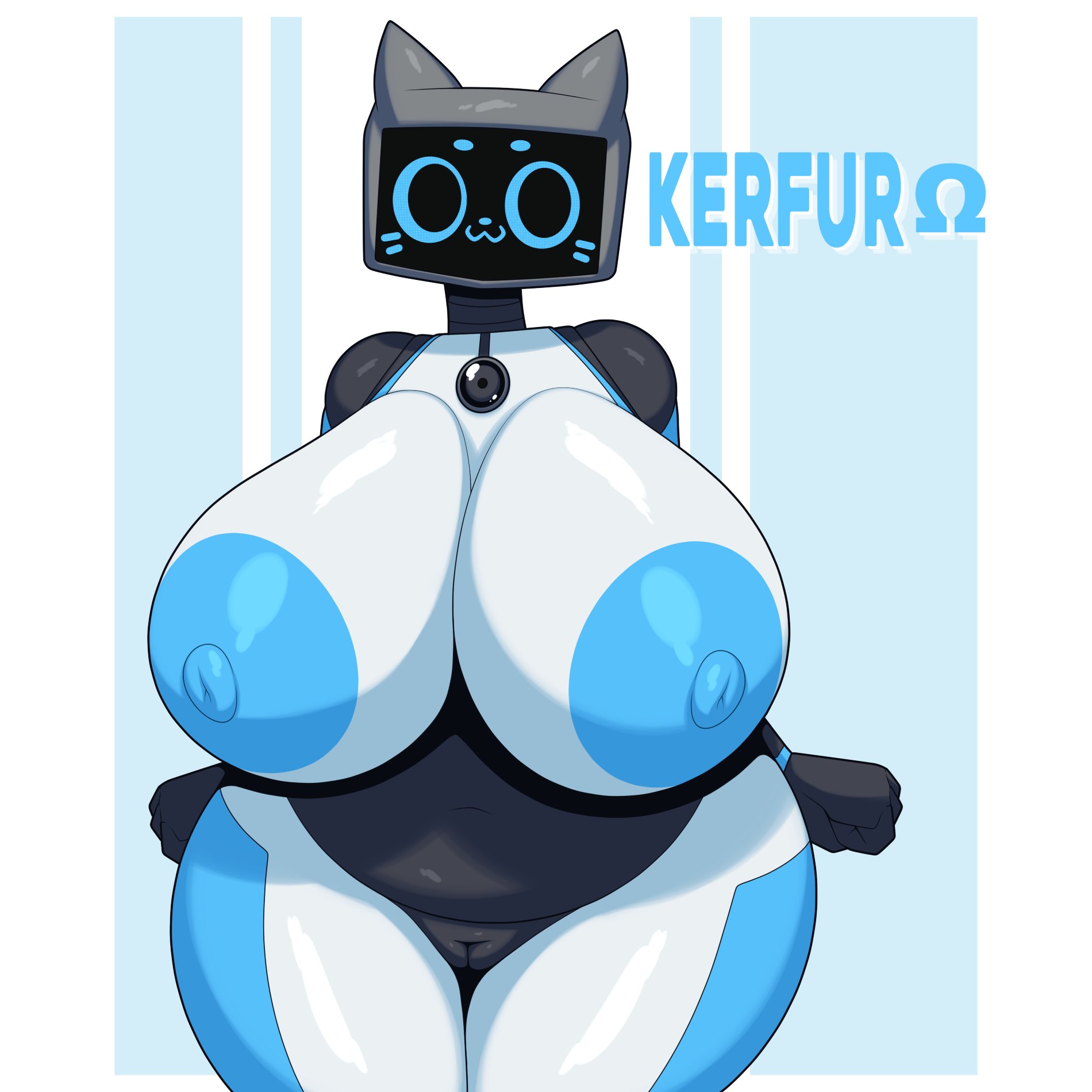 :3, 1girls, 2d, breasts, cat ears, completely nude, female, female only, humanoid, humanoid female, humanoid only, hyper breasts, kerfur, kerfur omega (votv), kerfuś, nipples, nude, nude female, pastel background, r-mk, robot, robot girl, robot humanoid, screen face, simple background, smile, solo, tagme, voices of the void