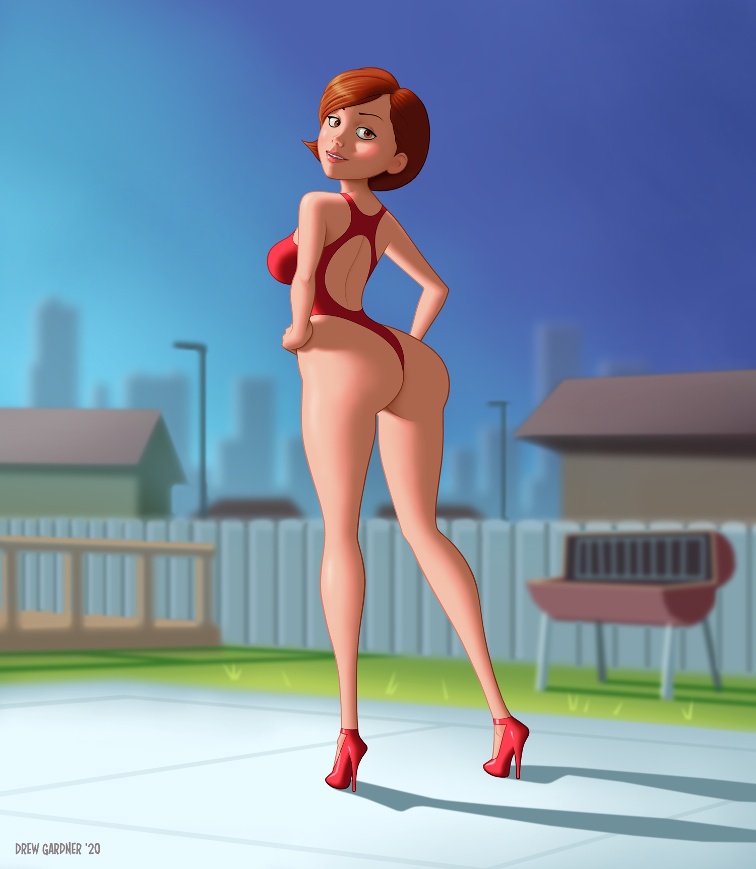 1girls, 2020, 2d, artist name, ass, big ass, big breasts, breasts, brown eyes, brown hair, dated, disney, drew gardner, female, female only, helen parr, high heels, legs, long legs, looking at viewer, looking back, milf, one-piece swimsuit, outdoors, pixar, posing, rear view, short hair, sideboob, solo, swimsuit, tagme, the incredibles, thick ass, thick thighs, thighs, thong one-piece swimsuit