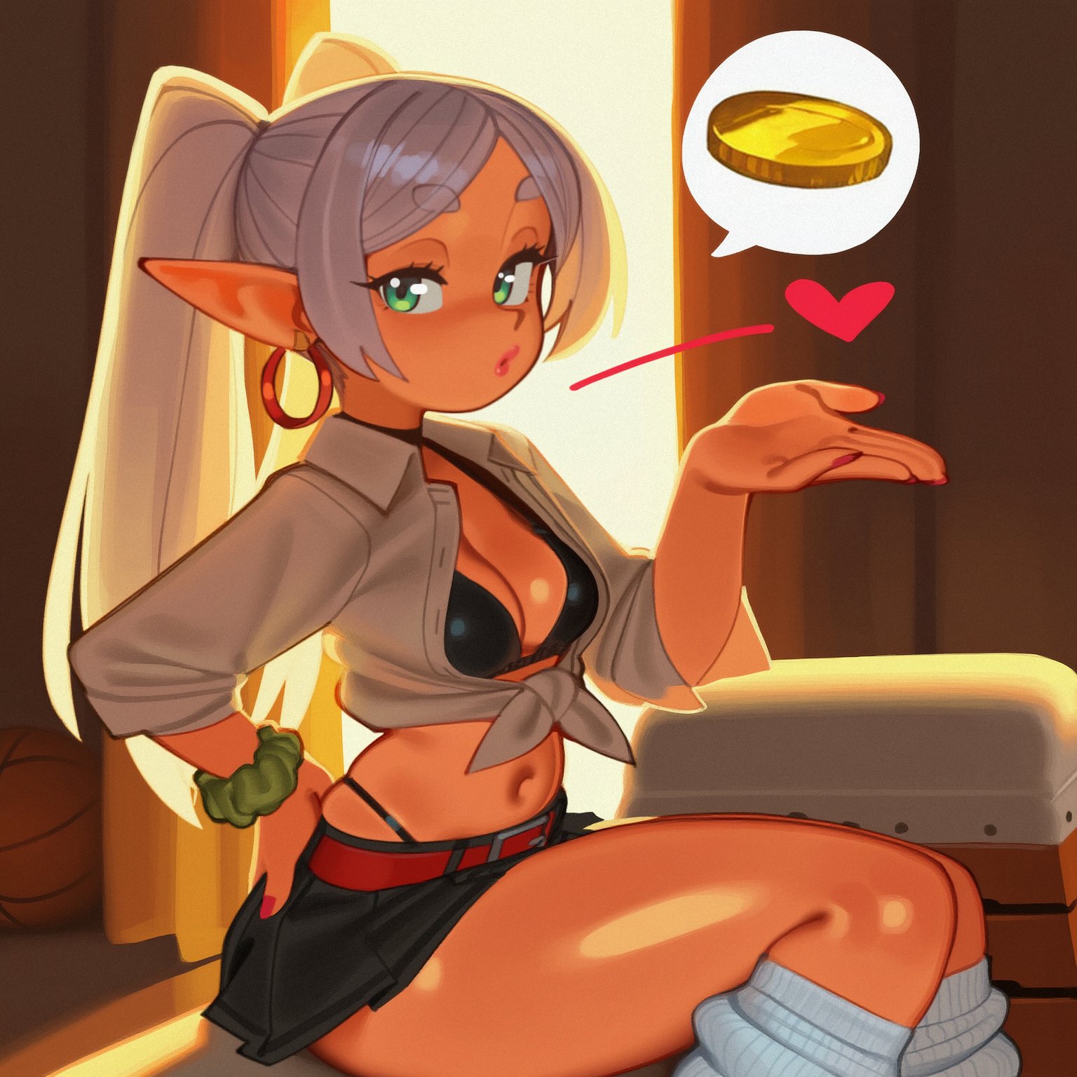 1girls, ai generated, breasts, elf, elf ears, elf female, female, female focus, female only, frieren, gyaru, hiita (artist), light skin, light-skinned female, medium breasts, skirt, solo, sousou no frieren, thick thighs, thighs, wide hips
