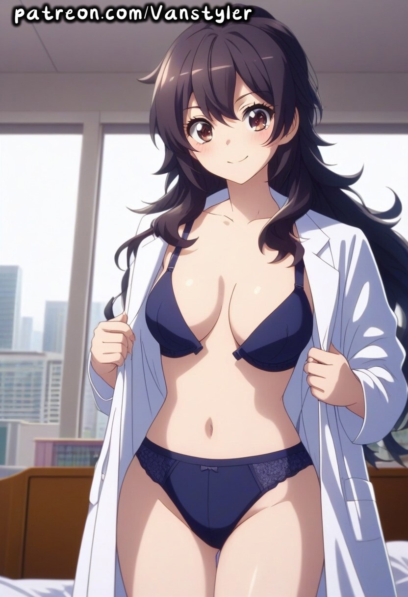 1girls ai_generated ameku_takao ameku_takao_no_suiri_karte bed bedroom black_hair blush bra breasts brown_eyes coat doctor female female_only indoors labcoat long_hair looking_at_viewer panties patreon petite petite_body petite_female small_breasts smile smiling solo undressing vanstyler white_coat young young_female