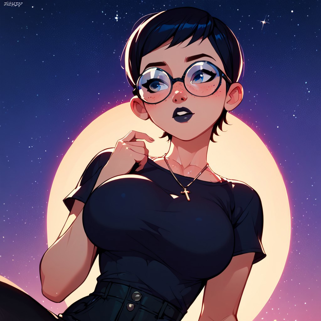 1girl ai_generated black_lipstick black_shirt breasts carmen_sandiego_(2019) carmen_sandiego_(franchise) cross_necklace female female_focus glasses goth goth_clothing goth_girl jewelry julia_argent julia_argent_(carmen_sandiego) lipstick necklace night night_background night_sky night_time shirt short_hair solo solo_female solo_focus zupern0va_(manipper)