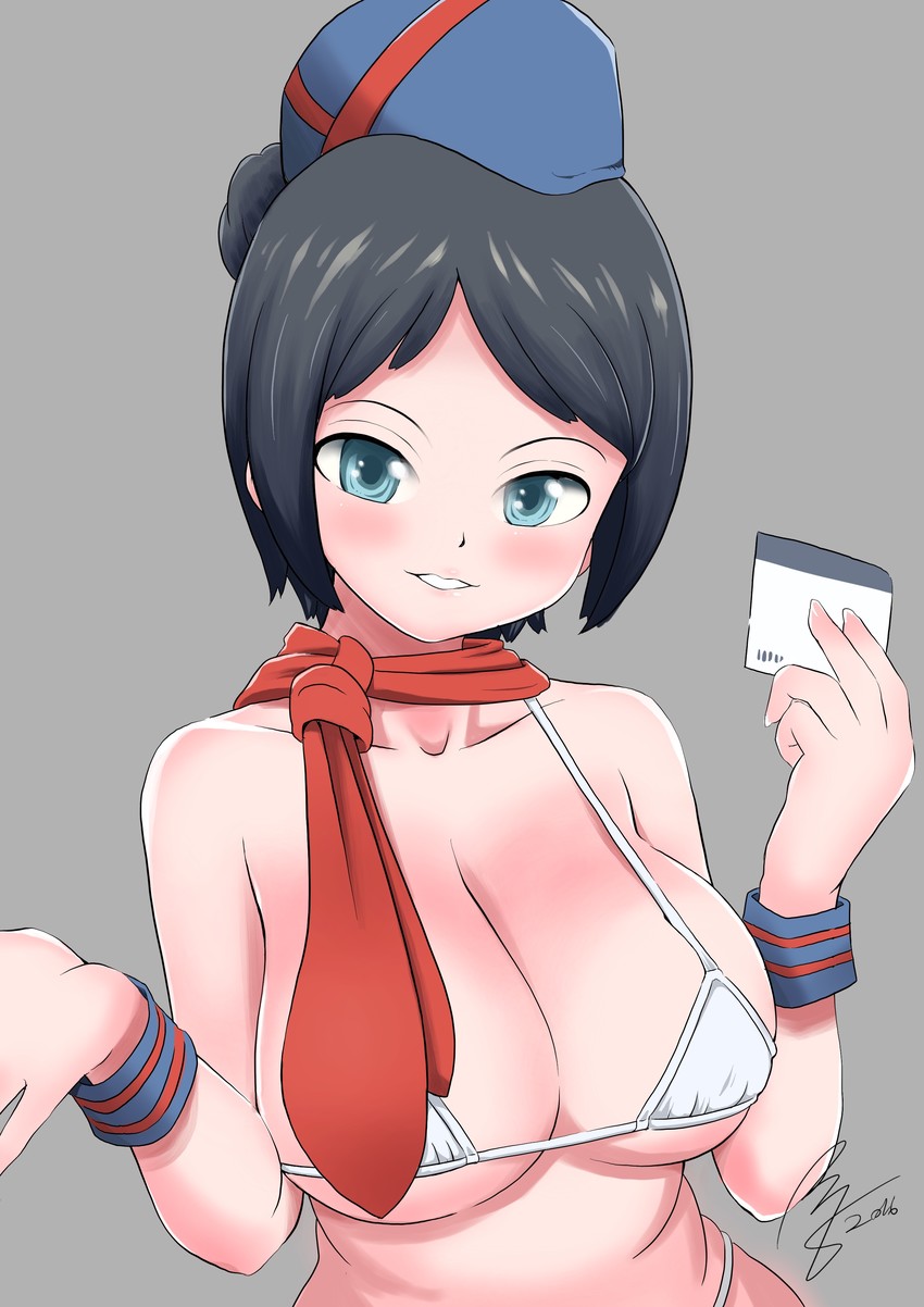 1girls 2016 absurd_res bikini black_hair blue_eyes blush breasts card flight_attendant grey_background hair_bun hat highres holding_card id_card large_breasts looking_at_viewer micro_bikini necktie original rogeris signature single_hair_bun solo swimsuit travel_attendant upper_body white_bikini wrist_cuffs