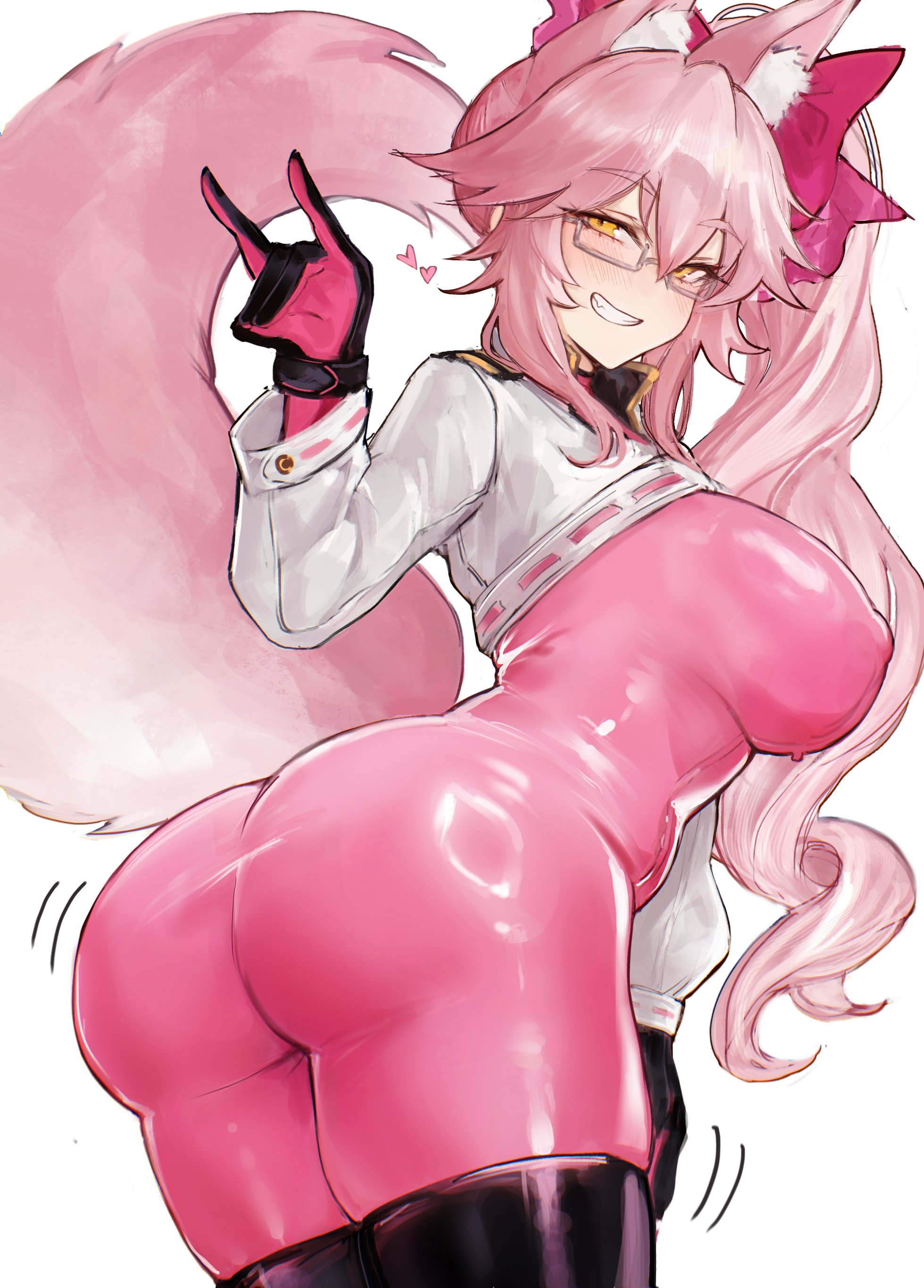 1girls, ass, ass focus, big ass, big breasts, breasts, fate (series), fate/grand order, female, female focus, female only, fox ears, glasses, gloves, hair ornament, hair ribbon, koyanskaya (assassin), koyanskaya (fate), long hair, looking at viewer, looking back, nipple bulge, pink hair, ribbon, skin tight, smile, tagme, thighhighs, very long hair, yellow eyes, yotsutsu428