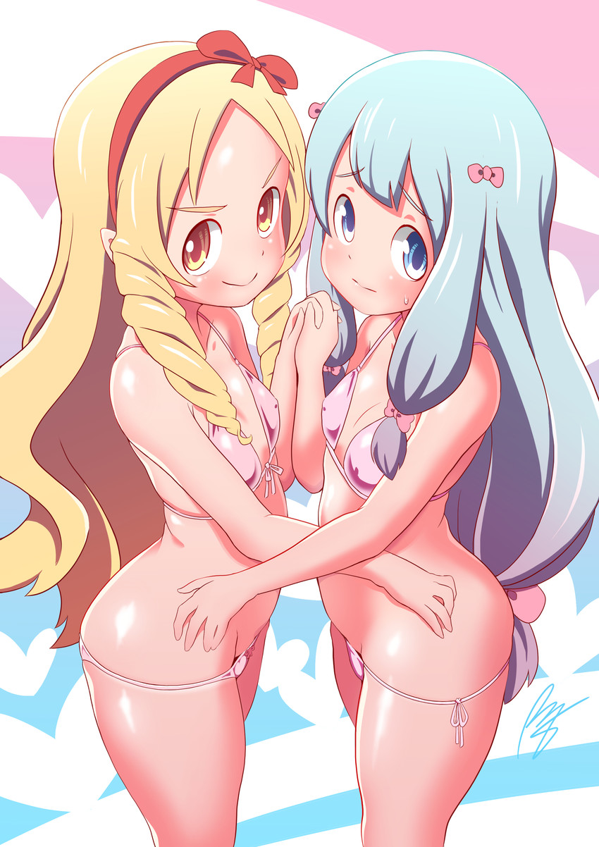 >:) 2girls absurd_res bikini blonde_hair blue_eyes blue_hair bow covered_nipples drill_hair eromanga_sensei front-tie_bikini front-tie_top gradient_hair hairband hairbow highres holding_hands interlocked_fingers izumi_sagiri long_hair looking_at_viewer low-tied_long_hair lowleg lowleg_bikini multicolored_hair multiple_girls pink_bikini pink_bow pointy_ears red_bow rogeris side-tie_bikini_bottom silver_hair skindentation smile sweatdrop swimsuit twin_drills v-shaped_eyebrows very_long_hair yamada_elf yellow_eyes