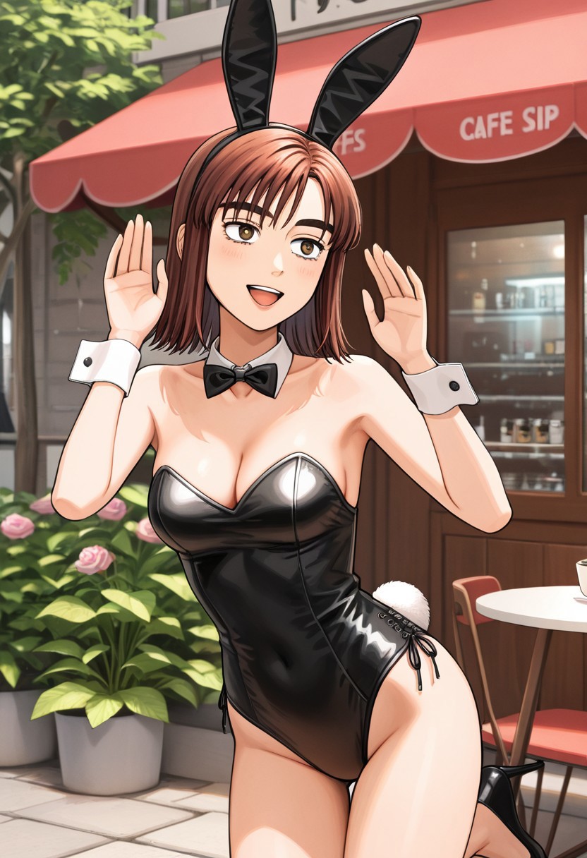 ai_generated black_heels black_leotard bowtie bunny_ears bunny_girl bunny_tail cafe cleavage collarbone cowboy_shot female happy initial_d kyoko_iwase light_smile medium_breasts outdoors sexy_pose thick_eyebrows wrist_cuffs