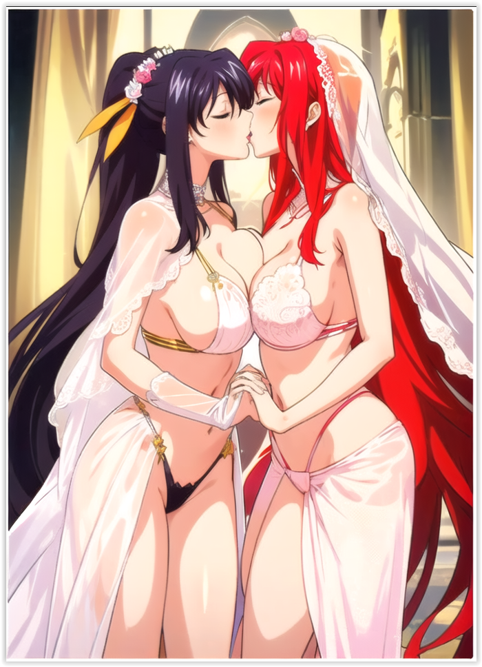 2girls ai_generated akeno_himejima flirting girl_on_girl high_school_dxd kissing lesbian_couple lesbian_kiss lovers marriage rias_gremory waifu wedding_dress wife wife_and_wife yuri yuri yuri