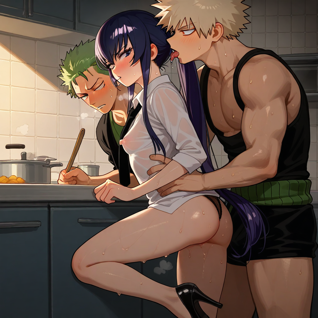 1girl ai_generated apron artist_request blue_hair boku_no_hero_academia clothing crossover female highschool_of_the_dead katsuki_bakugou kitchen male my_hero_academia one_piece roronoa_zoro saeko_busujima