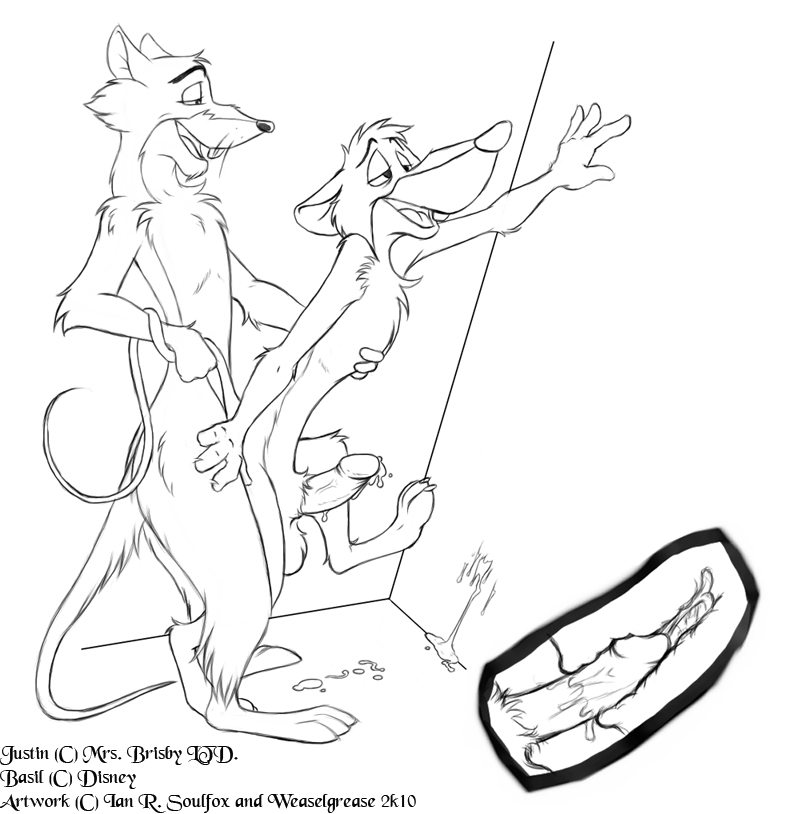 2010 anthro basil_(disney) crossover disney furry furry_only interspecies justin male male_only mammal monochrome mouse multiple_males no_humans nude on_one_foot rat rodent secret_of_nimh sex side_view standing tail the_great_mouse_detective uncensored yaoi