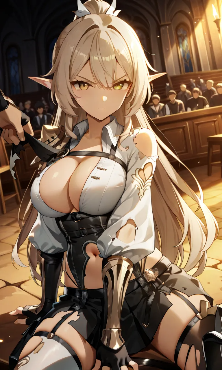 1girls 2boys ai_generated arena belly belly_button big_breasts curvy defeated elf elf_ears eversoul female huge_ass nicole_(eversoul) pvp rape tagme wide_hips