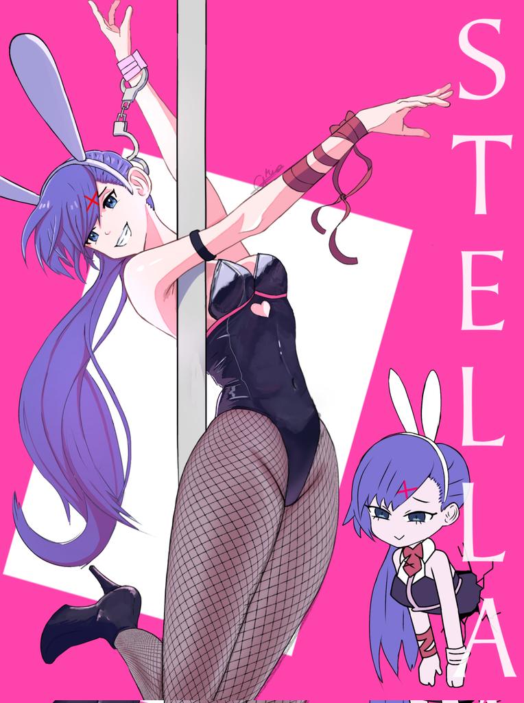 1girls, armband, artist signature, blue eyes, bunny ears, bunnysuit, female, fishnets, hair ribbon, handcuffs, high heels, k akio 008, leotard, long hair, mcyt, minecraft, minecraft youtubers, pole, pole dancing, purple hair, rabbit hole (vocaloid), rainimator, ribbon, stella (rainimator), stockings, stripper pole, wristband, x hair ornament