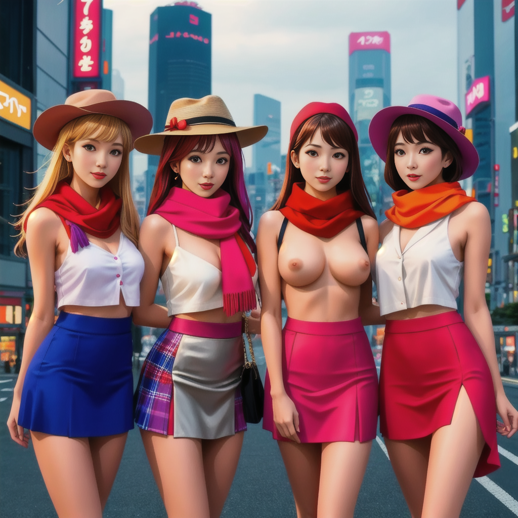 4girls ai_generated asian asian_female beautiful hat human human_female long_hair nhumanfuture original original_characters outdoor_nudity outdoors perfect_body perfect_boobs public public_nudity skirt skirt_only topless topless_female tourist