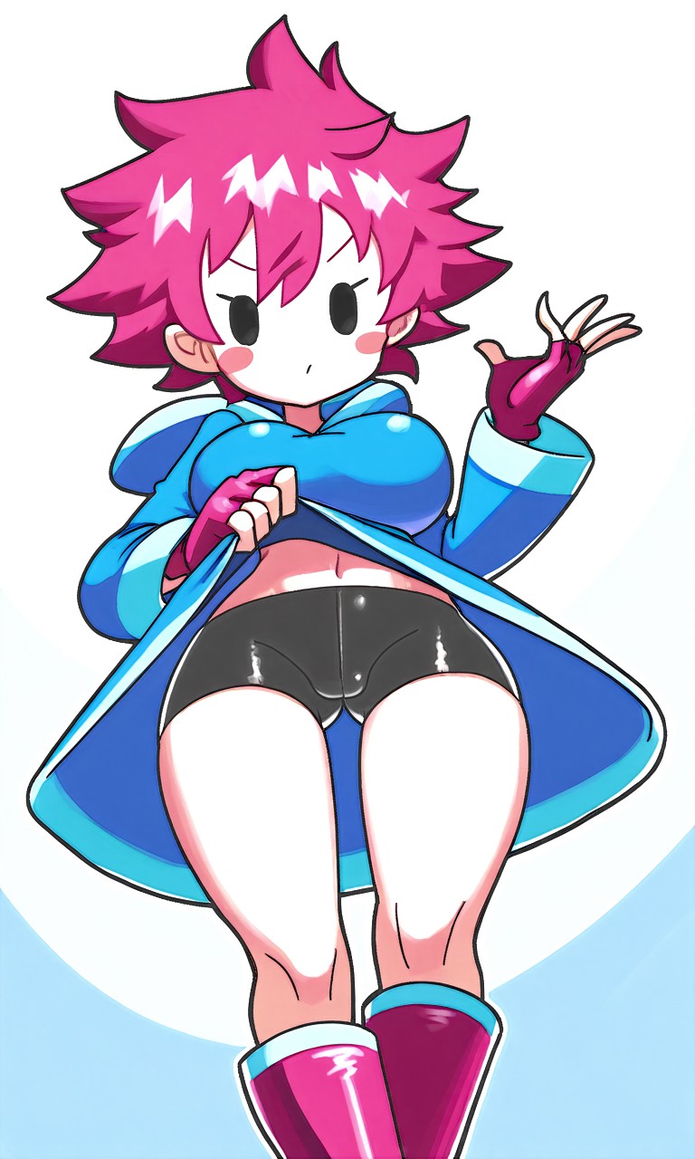 1girl 5_fingers ai_generated big_breasts black_eyes black_underwear blue_background blue_coat blush blush_stickers busty clothed coat_lift female fingerless_gloves hood hoodie kumatora messy_hair mob_face mother_(series) mother_3 pink_boots pink_gloves pink_hair pixai short_hair simple_background slim_waist solo tomboy underwear