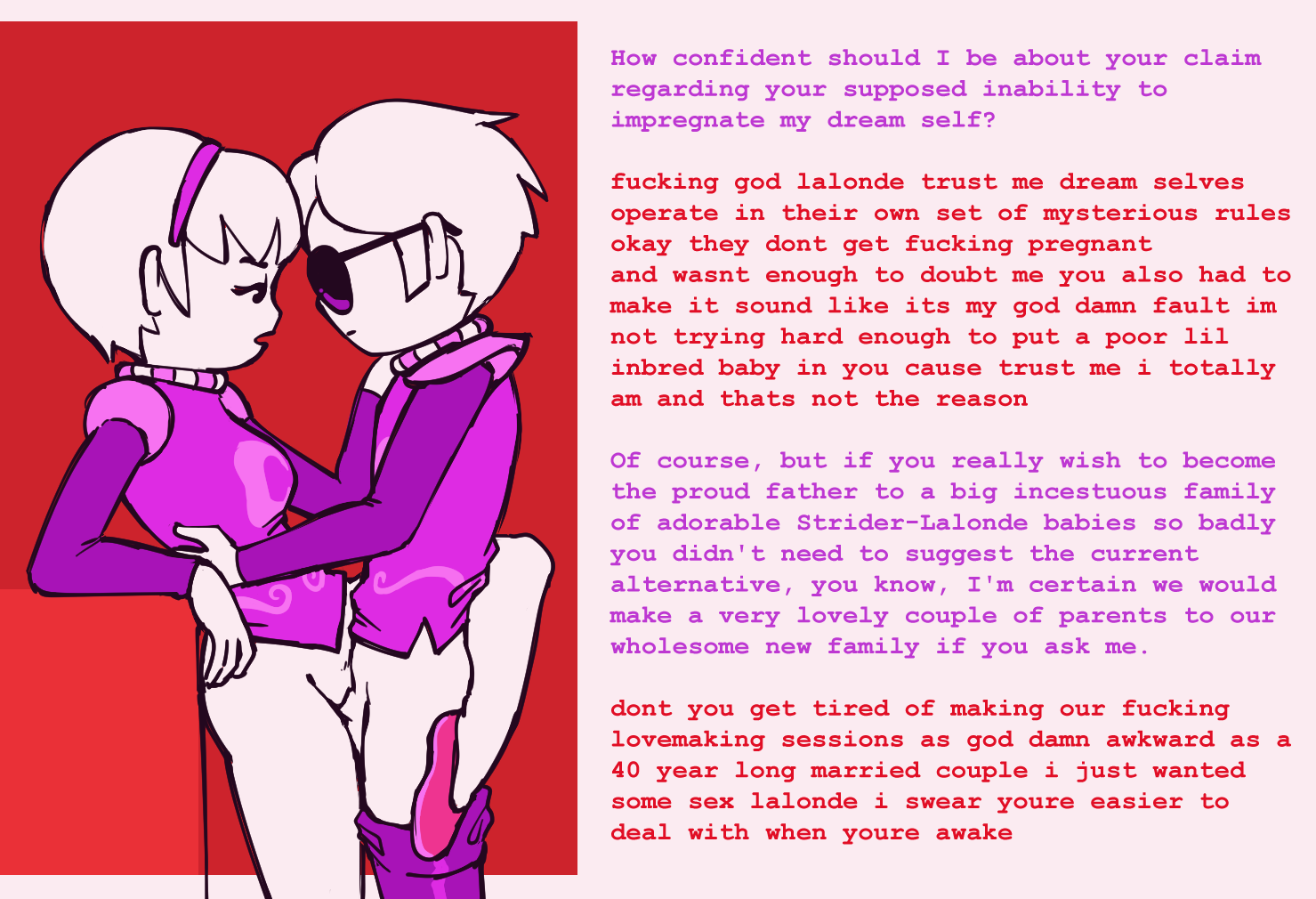 1boy, 1boy1girl, 1girls, bottomless, brother and sister, dave strider, dialogue, homestuck, incest, nebularts, pajamas, pyjamas, rose lalonde, sex, short hair, standing, text, white hair