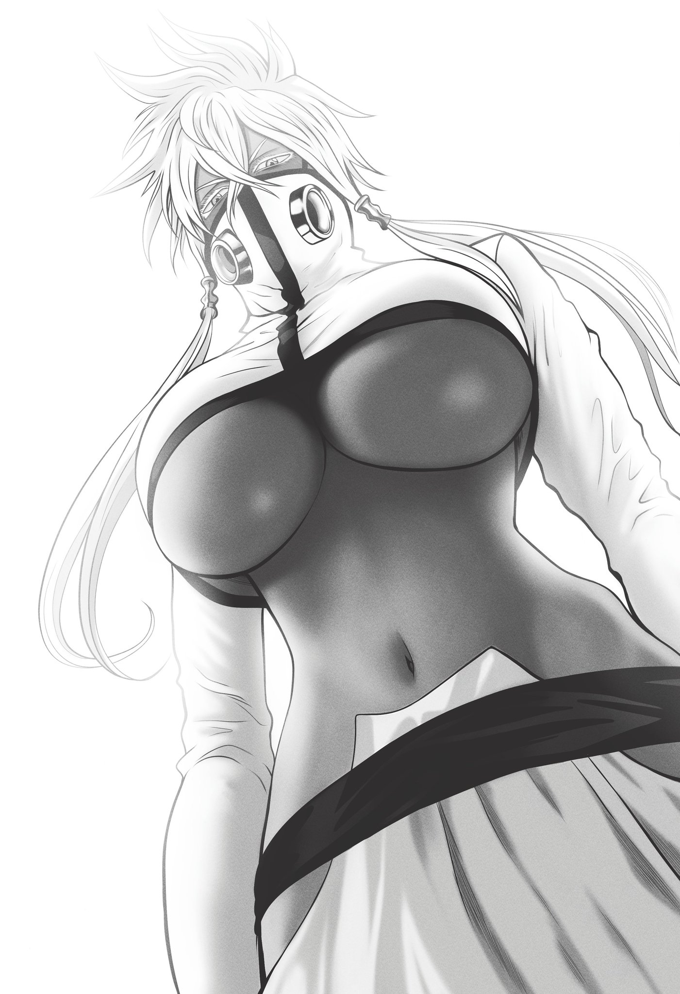 bleach, breasts, dark skin, dark-skinned female, fat breasts, female, flat belly, large breasts, looking down, masked female, mature female, mostlybluewyatt, pov, solo, tia harribel