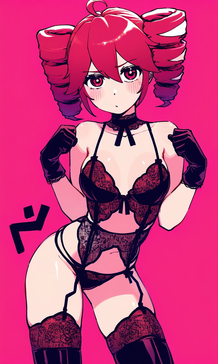 ai_generated black_gloves black_lingerie blush bra clenched_teeth collar drill_hair gloves kasane_teto lingerie looking_at_viewer medium_breasts panties pink_background pixai red_eyes red_hair simple_background slim_girl slim_waist synthesizer_v thighhighs thighs twin_drills utau