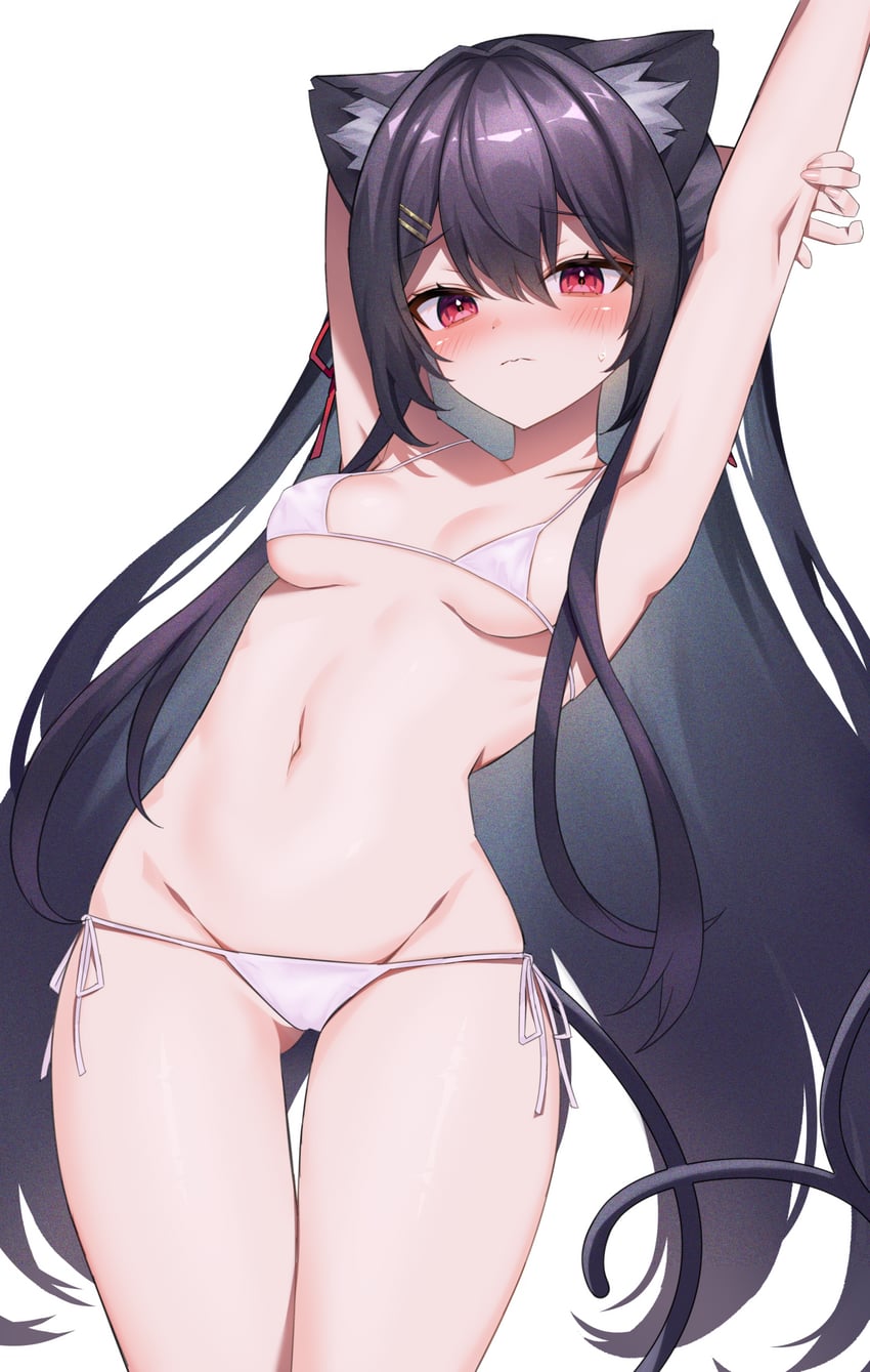 1girl animal_ears armpits arms_up ass_visible_through_thighs bare_arms bare_shoulders bikini black_hair blush breasts cat_ears chisuzu_mei chucolala closed_mouth cowboy_shot embarrassed frown hair_ornament hairclip highres long_hair looking_at_viewer navel neit_ni_sei nose_blush red_eyes side-tie_bikini simple_background small_breasts solo stomach stretching string_bikini swimsuit thigh_gap thighs very_long_hair virtual_youtuber white_background white_bikini