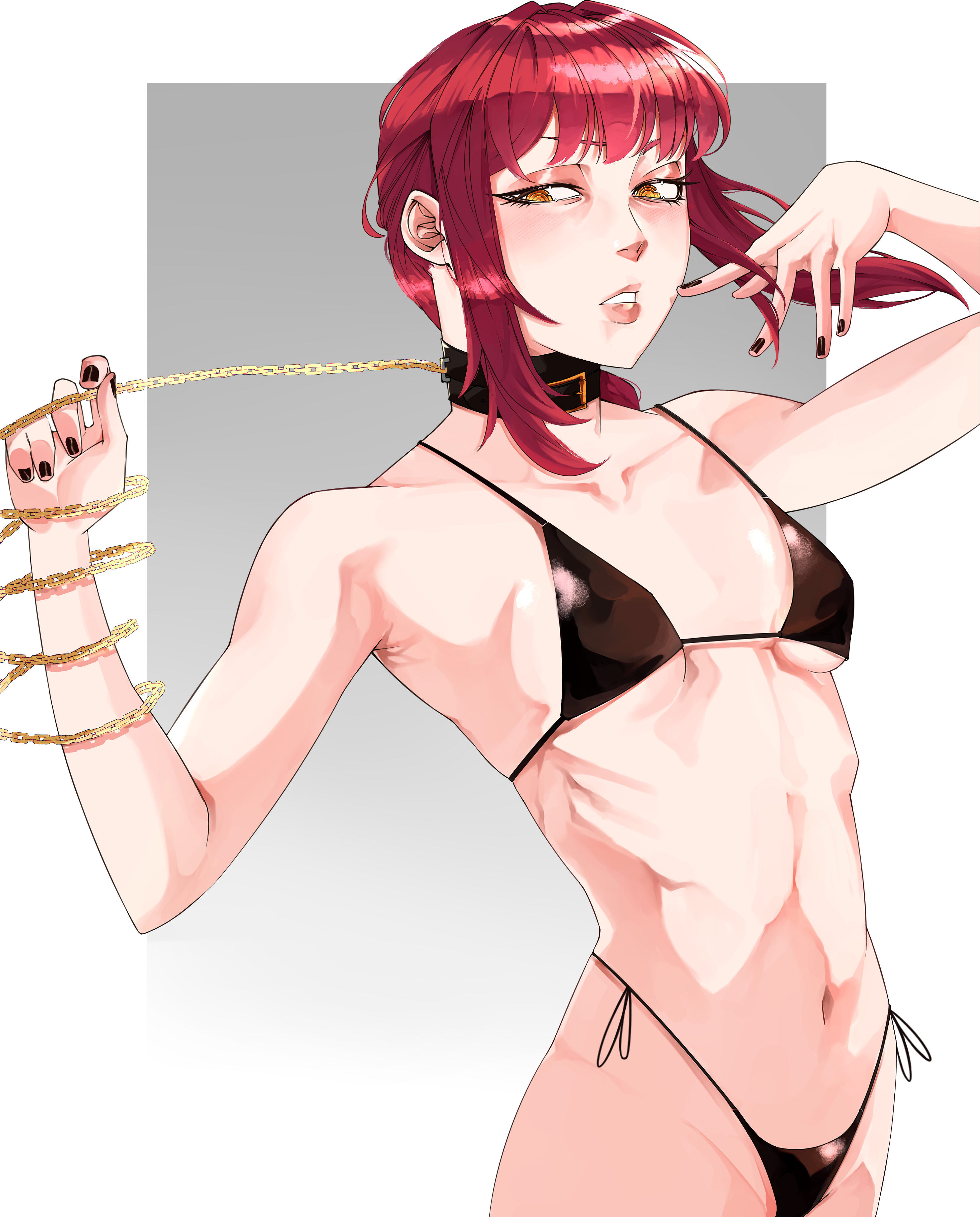 bangs, bikini, bikini bottom, black bikini, black choker, black nails, black swimsuit, blush, braid, braided ponytail, breasts, chains, chainsaw man, choker, clothing, collar, female, highleg, jobin chan, lips, looking at viewer, makima (chainsaw man), nail polish, navel, parted lips, red hair, ringed eyes, side-tie bikini bottom, side-tie clothing, sidelocks, simple background, small breasts, solo, swimsuit, tied hair, yellow eyes