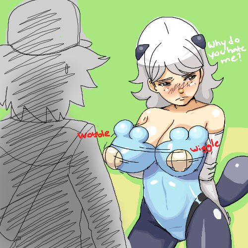 1girls bare_shoulders blush breasts brown_eyes cleavage cosplay costume elbow_gloves english female footwear freckles gloves hat hilbert_(pokemon) humanized large_breasts lowres nintendo oshawott oshawott_(cosplay) pantyhose pokemon pokemon_(cosplay) pokemon_(species) pokemon_bw socks source_request tail white_hair