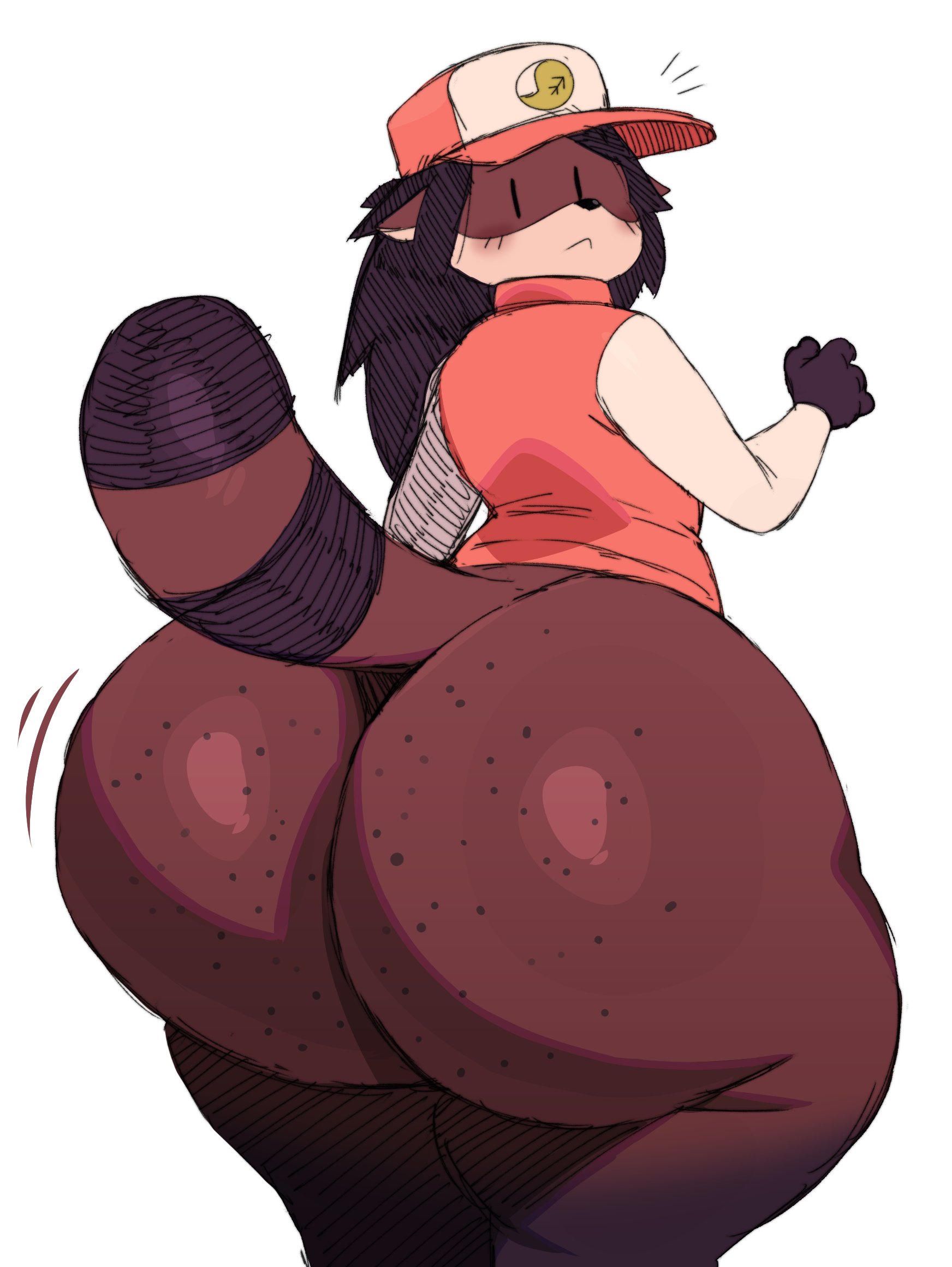 1boy, anthro, ass, big ass, bottom heavy, bottomless, brown hair, bubble ass, bubble butt, clothing, fat ass, femboy, freckles, furry, furry only, gluteal fold, hat, huge ass, jacket, kk (kkoart), large ass, looking at viewer, looking back, male, male only, massive ass, original, solo, sssonic2, tail, tanuki, thick ass, thick thighs, thunder thighs, white background, wide hips