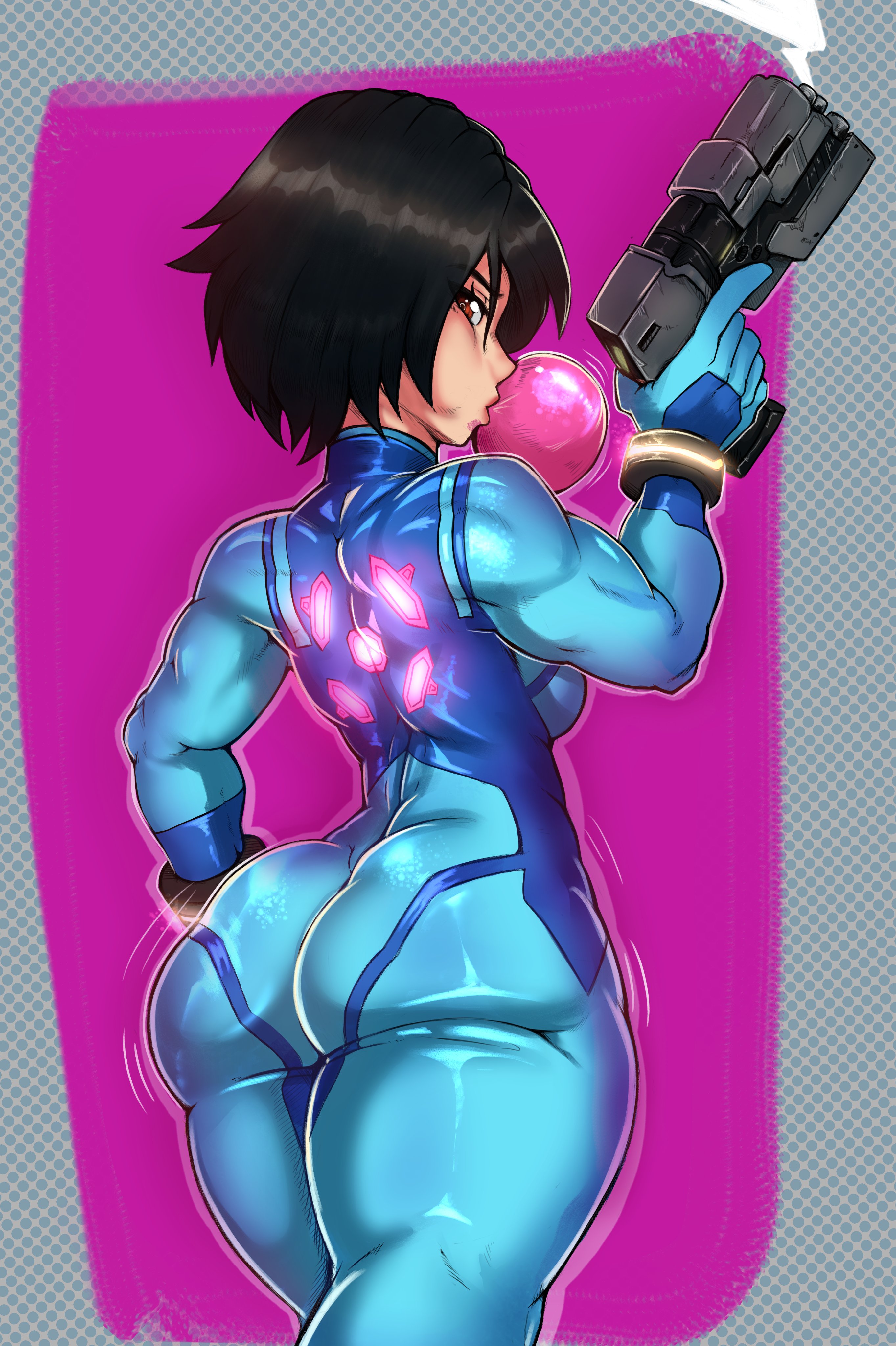 1girls, asian, asian female, ass, back view, big ass, big hero 6, black hair, bodysuit, brown eyes, bubble gum, cosplay, disney, female, female only, fit, fit female, go go tomago, gogo tomago, gun, jpeg, looking at viewer, looking back, marvel, marvel comics, metroid, movement lines, paag, rear view, reliusmax, samus aran (cosplay), short hair, skin tight, solo, tight clothing, zero suit, zero suit samus (cosplay)