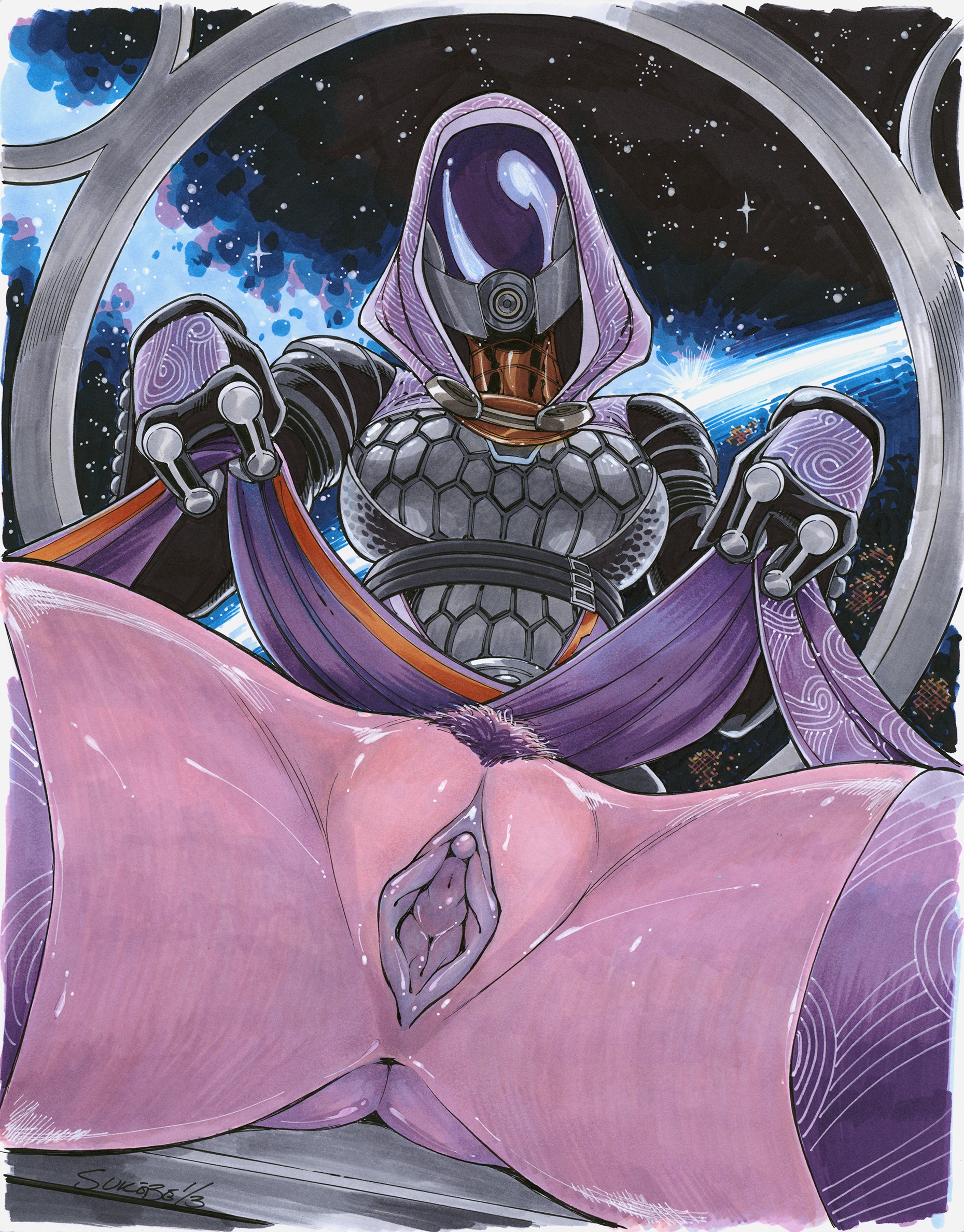 alien girl, ass, female, helmet, hood, labia, legs spread, looking at viewer, mask, mass effect, pubic hair, pubic tuft, purple skin, pussy, quarian, sketch, skirt lift, sukebe 1/3, tali'zorah nar rayya, thick thighs, thighs