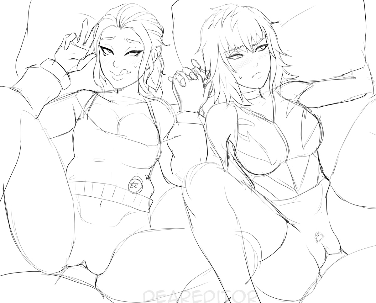 2boys, 2girls, big breasts, black and white, blush, bottomless, bra, braided hair, breasts, cleavage, collar, deareditor, female, fortnite, fortnite: battle royale, gloves, greyscale, harlowe (fortnite), haven (fortnite), holding hands, legs apart, long hair, male, monochrome, navel, no panties, on bed, pillows, pins, ponytail, pubic hair, pussy, sketch, sweat, sweater, tank top, thick thighs, thighhighs, tongue, tongue out, vaginal penetration, white background, wide hips